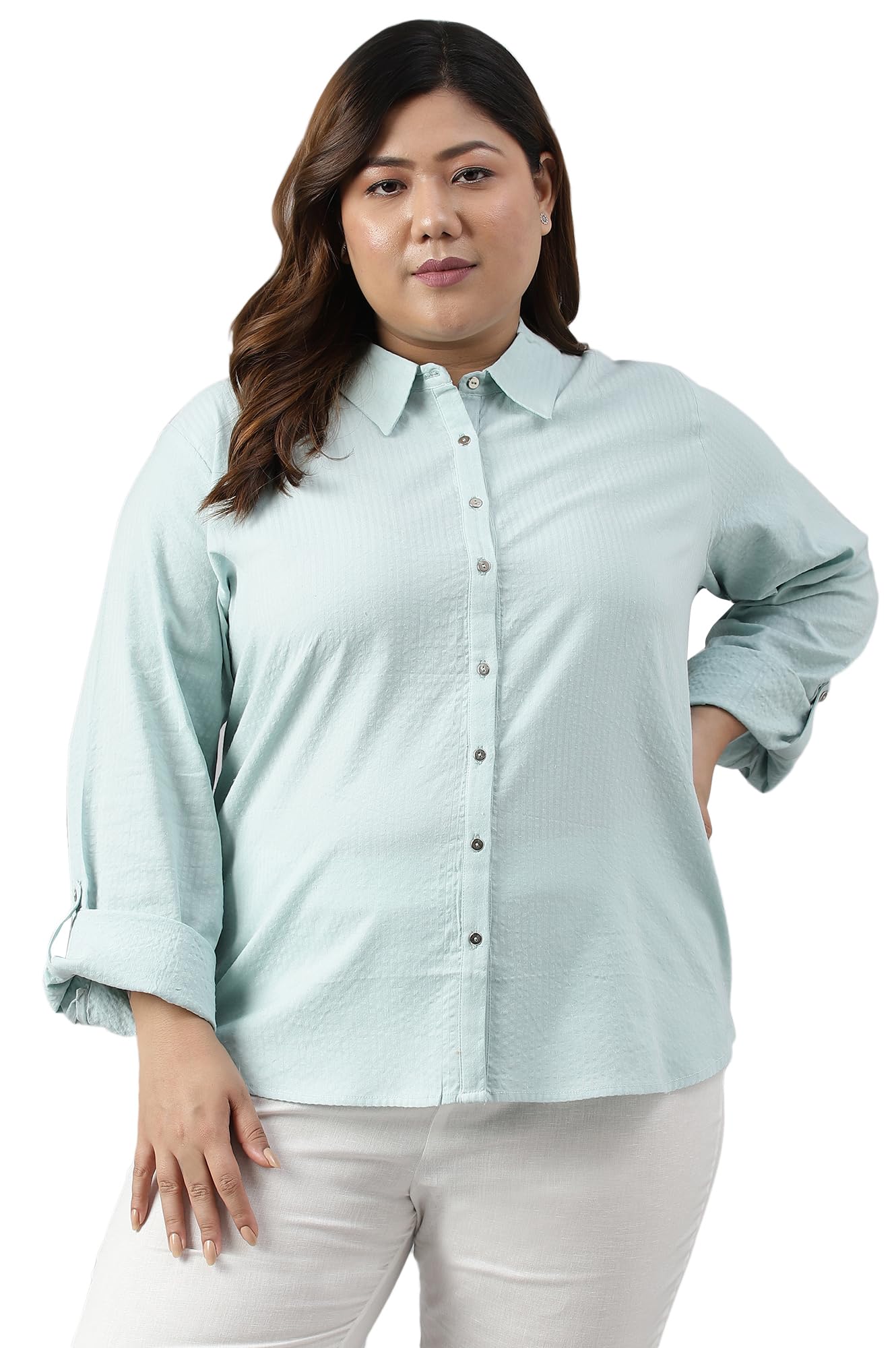 W for Woman Light Blue Western Buton-Down Plus Size Top_23FEW31250G-312294_5XL