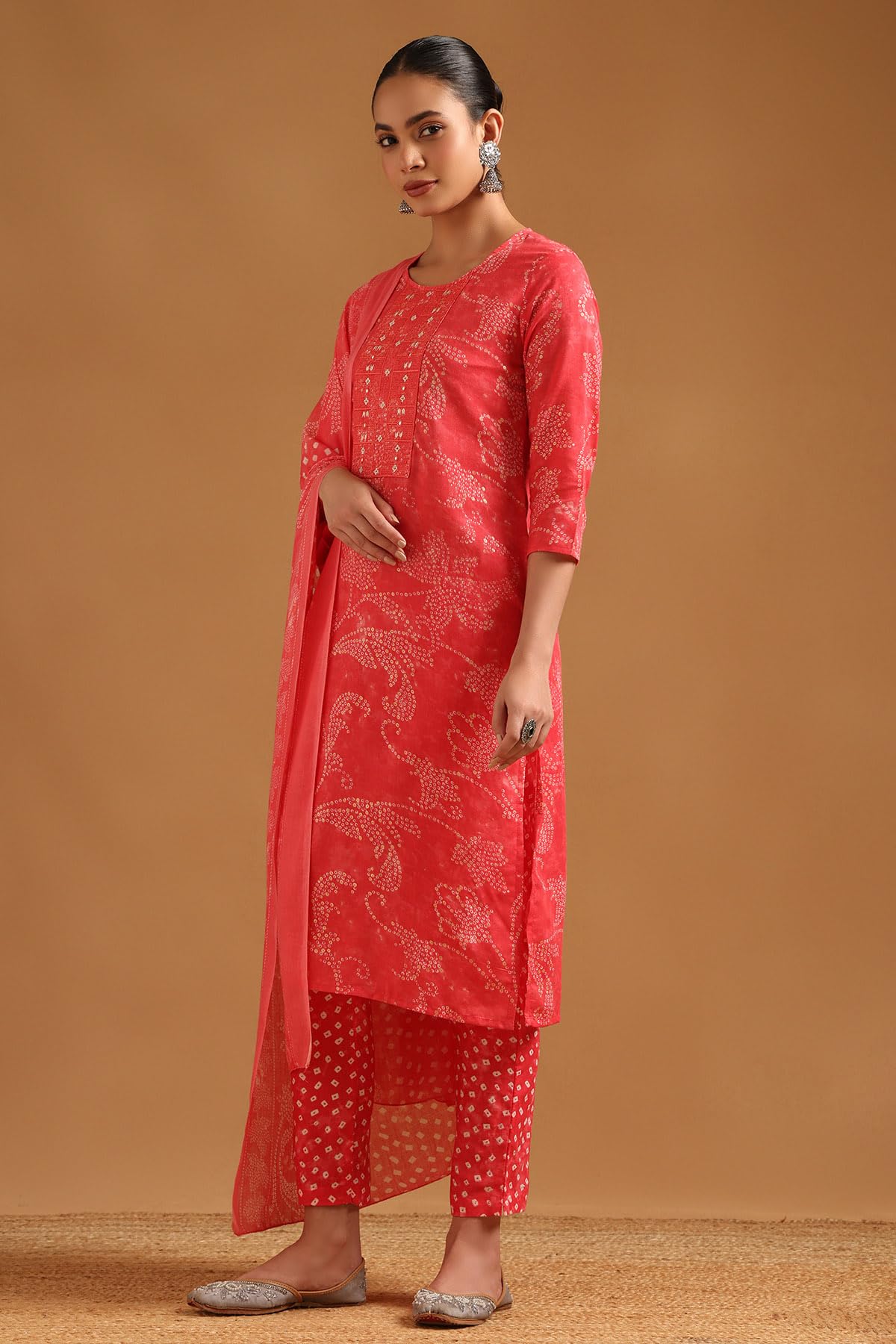 Soch Womens Peach Cotton Blend Bandhani Salwar Suit With Faux Mirror