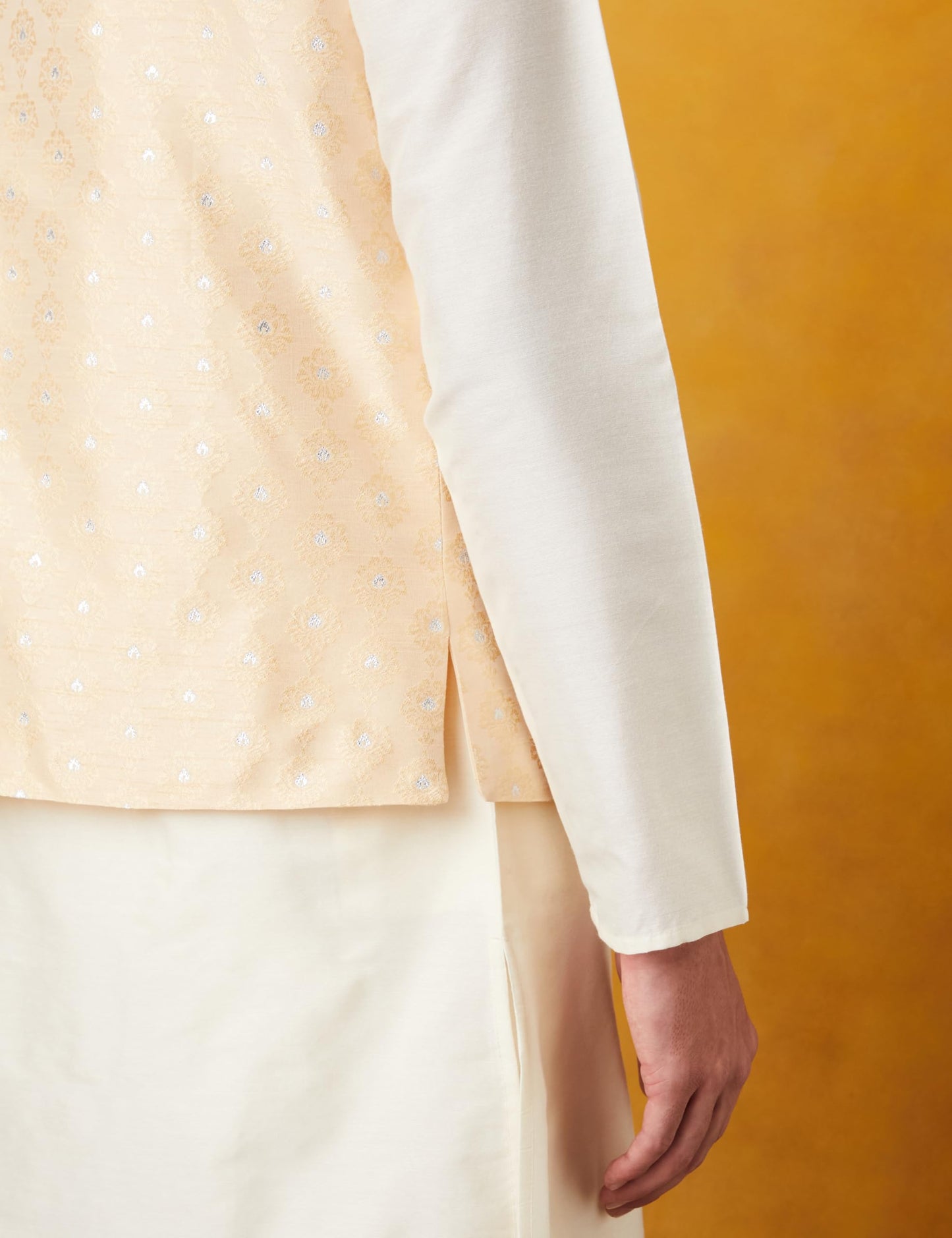 Symbol Premium Rayon Blend Men's Festive Geometric Nehru Jacket Kurta Pant Set (3pcs) (SP-M-A24-ET-501_OFF WHITE/L.YELLOW_2XL)