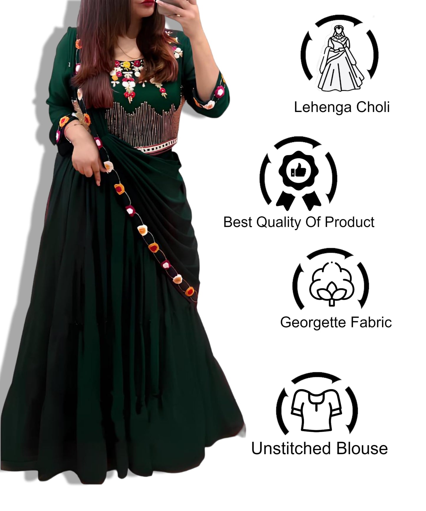SHYAMLATA Women's Embroidered Georgette Green Crop Top Semi-stitched Lehenga Choli For Women (Party-Wedding-Bridal-Festive; Free Size) (Green)