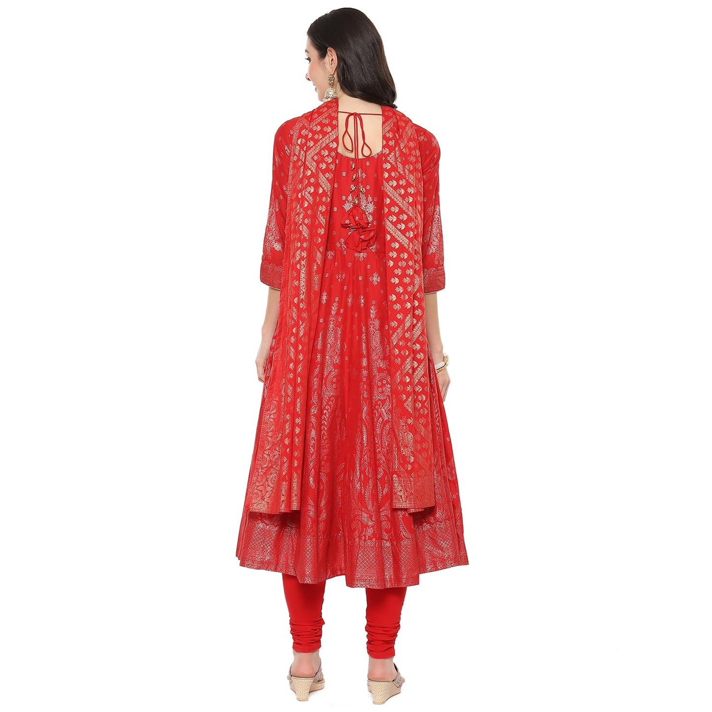 BIBA Women Cotton Printed Anarkali Salwar Kurta Dupatta(Skdgold Mur9148_Red_38)