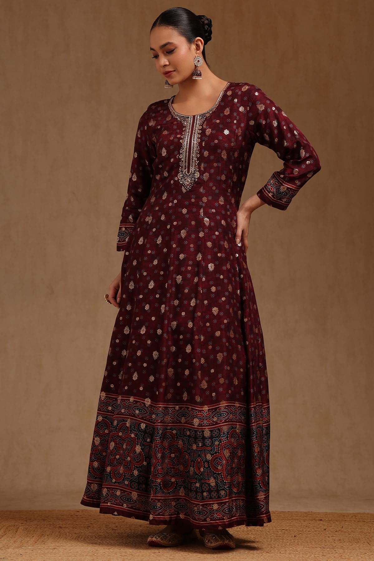 Soch Womens Wine Russian Silk Ethnic Motifs Gown with Mirror and Cutdana