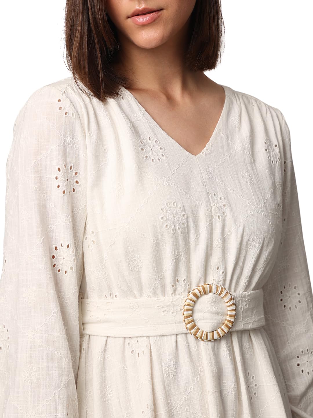 ONLY Women Self Design Casual White Fit and Flare Dress