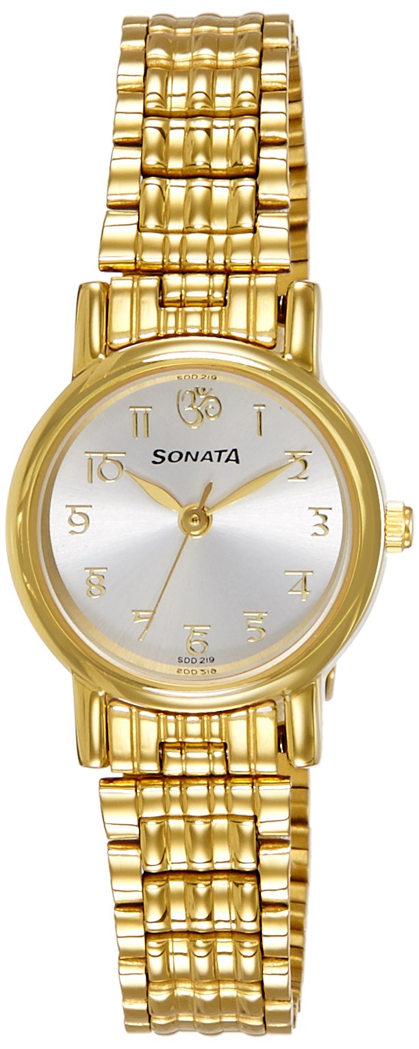 Sonata Quartz Analog Silver Dial Gold Metal Strap Watch for Women - NS8976YM07W