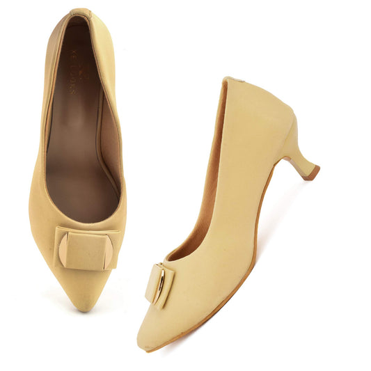 XE Looks Women's Cream Classic Kitten Heels | Pointed Toe Pumps with Stylish Gold Buckle | Elegant & Comfortable Kitten Heels For Girls & Women