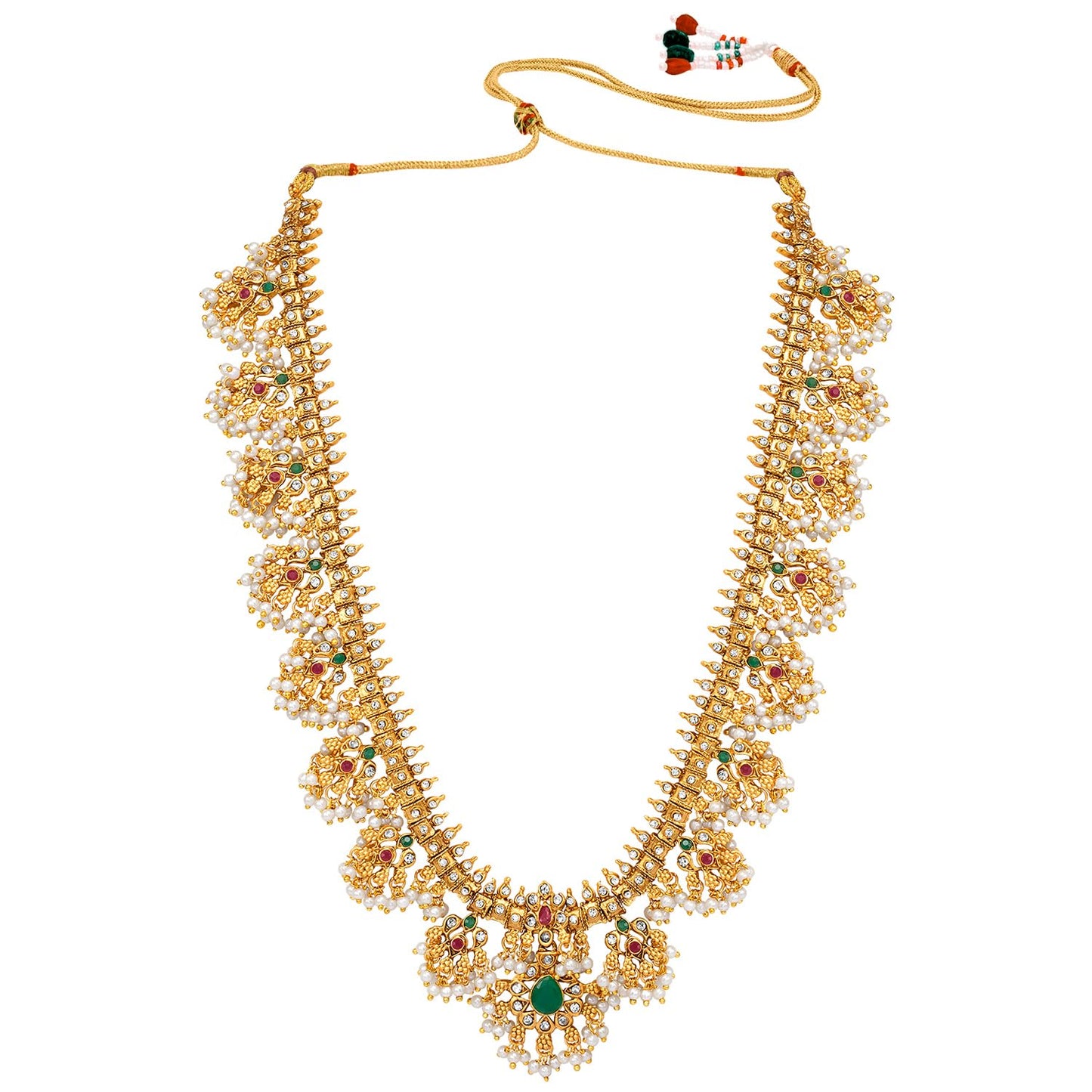 Peora Traditional Gold Plated Red Green Beads Studded Long Necklace Drop Earrings Set Ethnic Stylish Fashion Jewellery Gift for Girls Women|Mothers Day Gifts for Mom