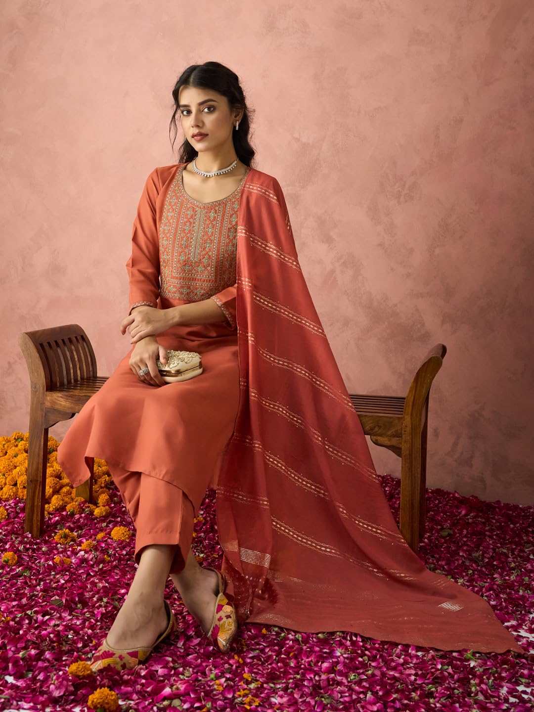 Hritika Rust Cotton Blend Embroidered Round Neck Kurta with Pant and Dupatta_HRKBD0220RUST_L
