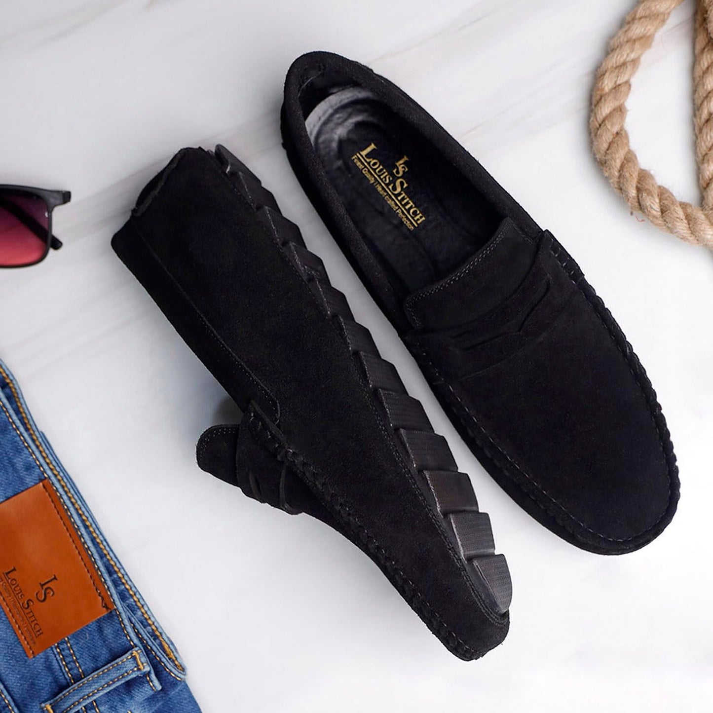 LOUIS STITCH Men's Obsidian Black Demesure Unerobe Italian Suede Leather Shoes Moccasin Style Handmade Loafers for Men (ITSU) (Size-9 UK)