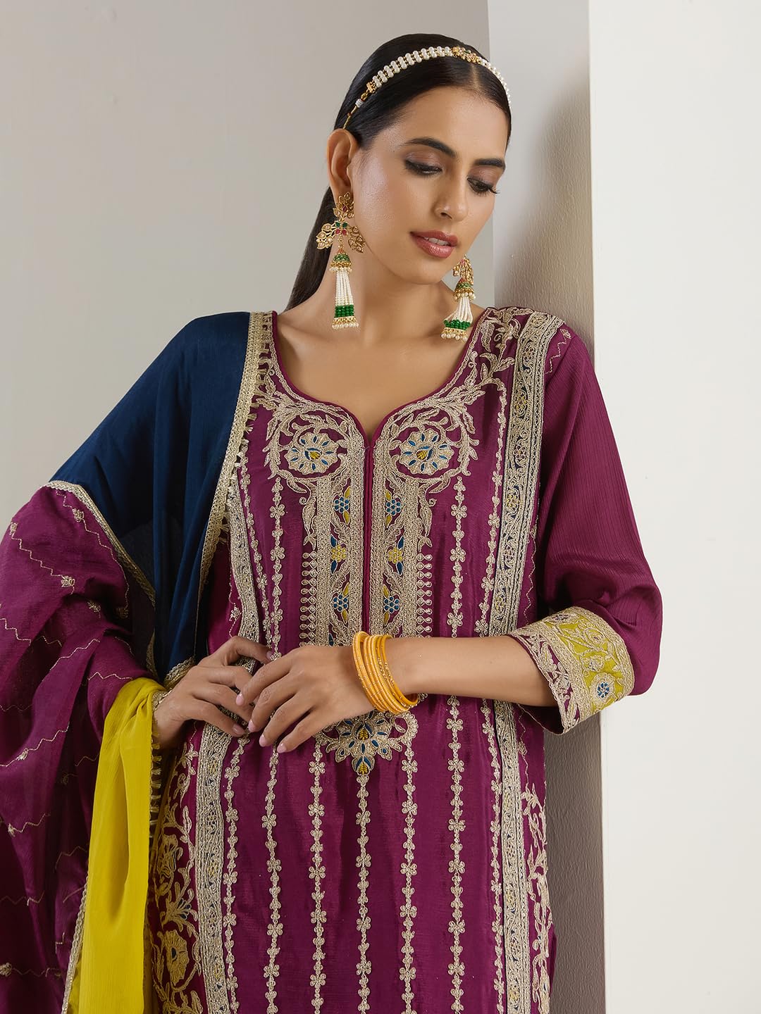 ishin Gold zari embroidered straight festive kurta with pants and dupatta