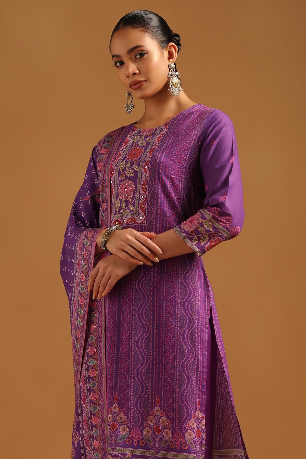 Soch Womens Purple Cambric Bandhani Salwar Suit With Faux Mirror
