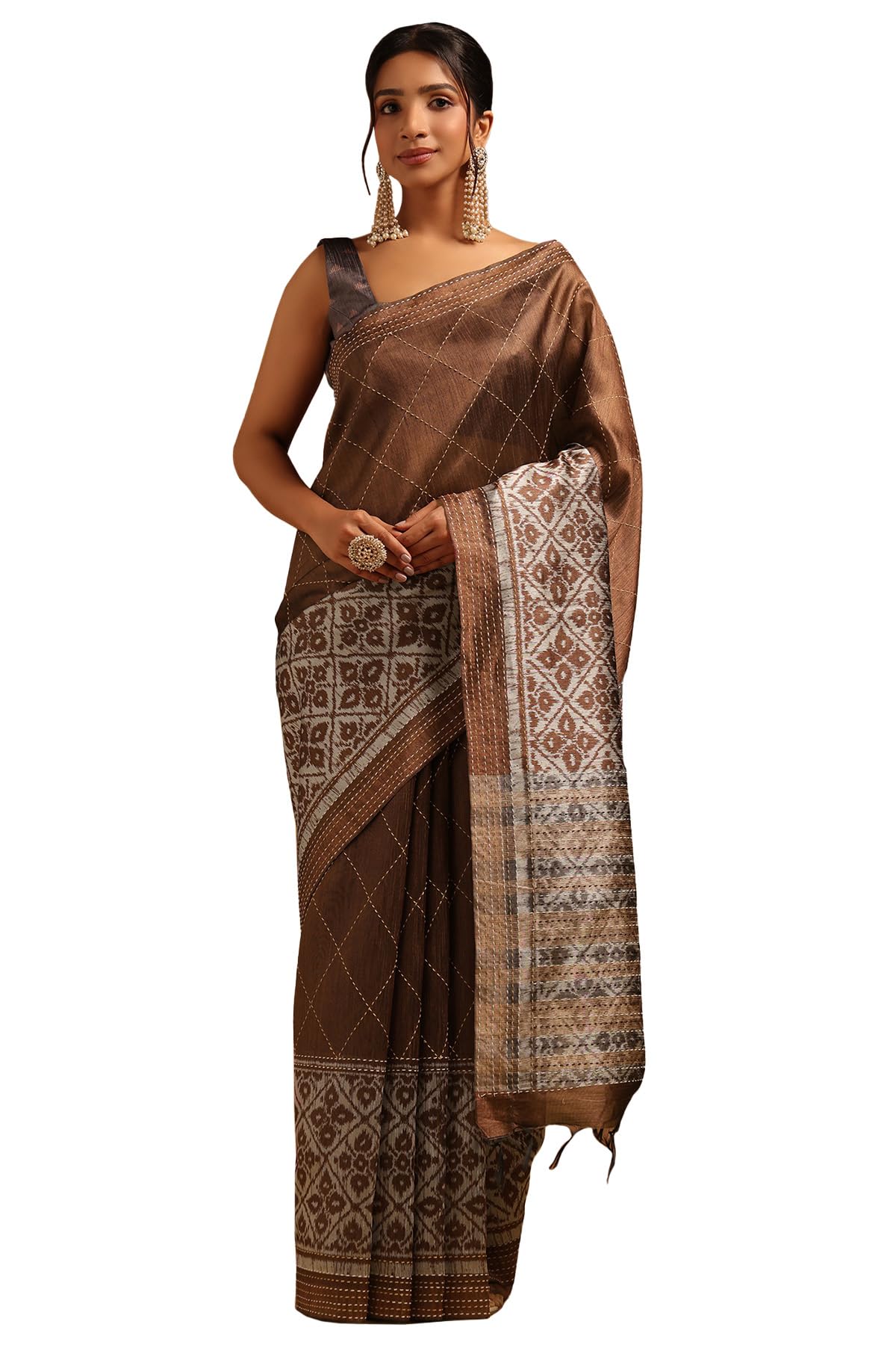 Soch Womens Brown Tussar Geometric Saree With Kantha Embroidery