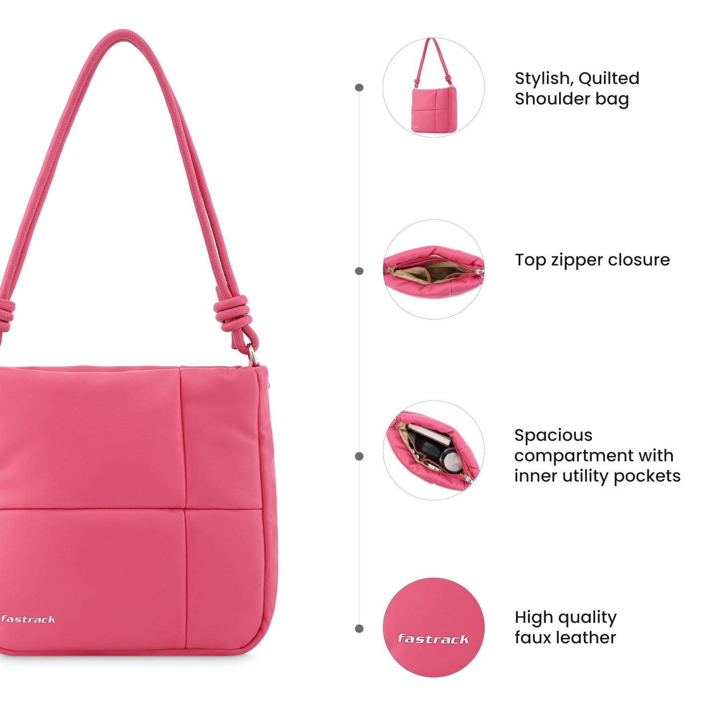 Fastrack Solid PU Zipper Closure Women's Casual Shoulder Bag (Pink, MEDIUM)