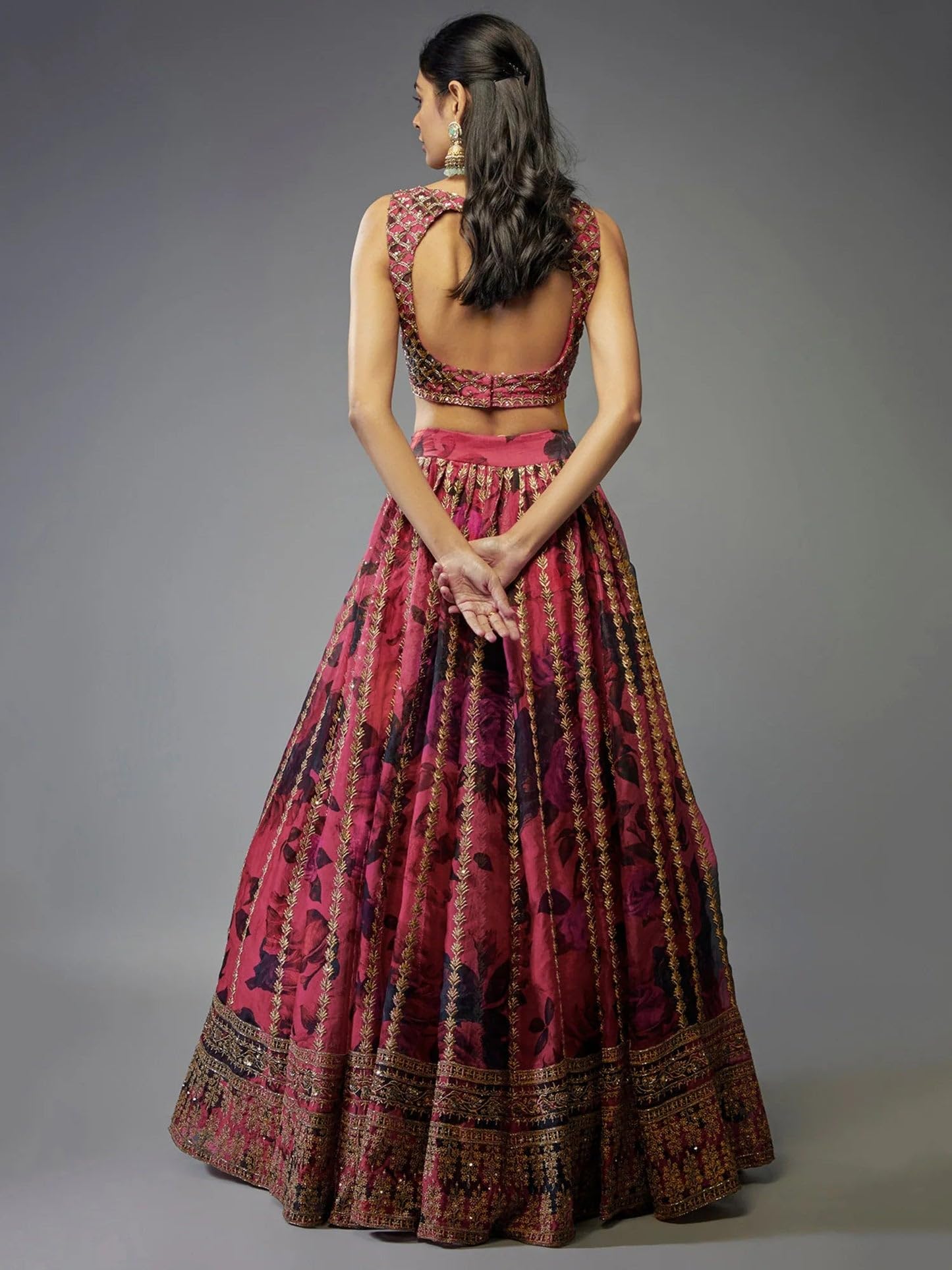 JIHU CULTURE Pink Organza Zari Sequence Embroidery Work Semi-Sttiched Lehenga Choli Set For Women