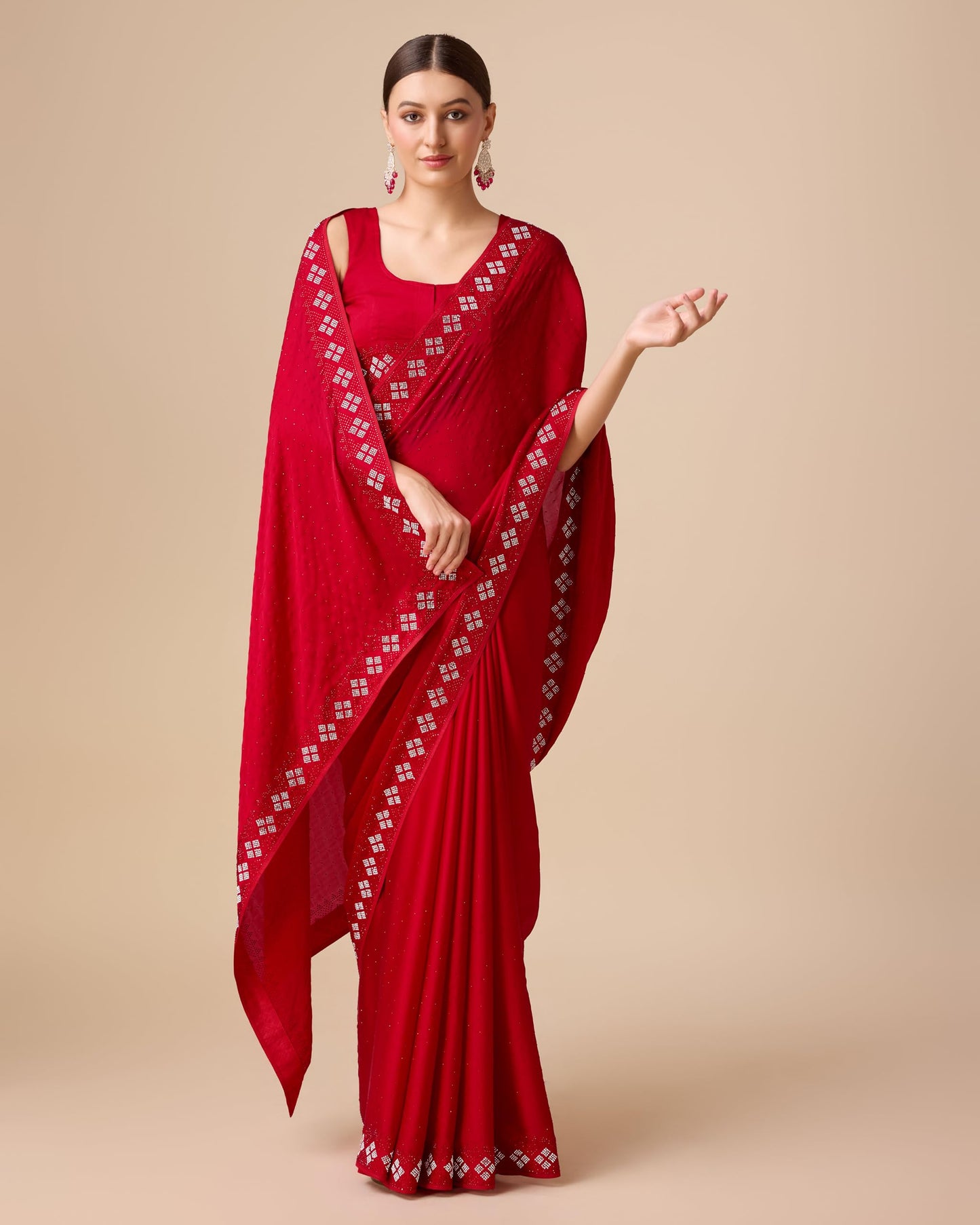 Monjolika Fashion Women's Satin Silk Saree in Red Color with Pearl Swarovski Stone work Comes With Unstitched Blouse Piece