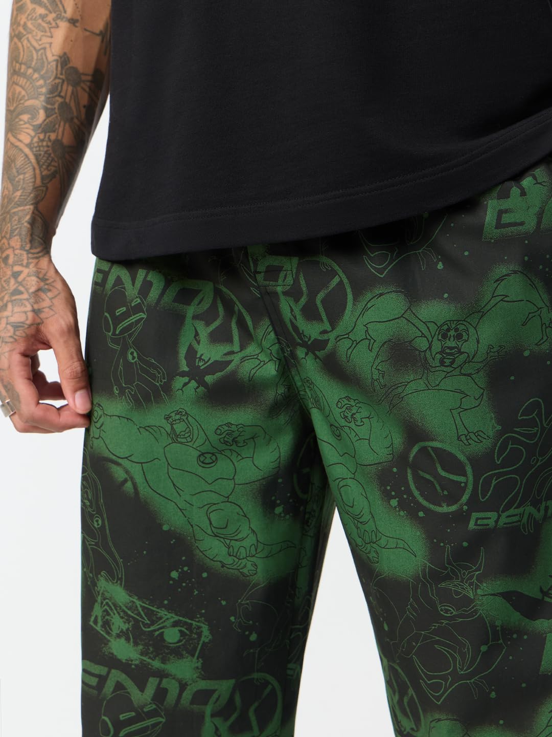 The Souled Store Ben 10 Alien Force: Heroic Graphic Print Men and Boys Elasticated Waist Black and Green All-Over Print Cotton Regular Fit Breathable Lightweight Lounge Pyjamas |Black