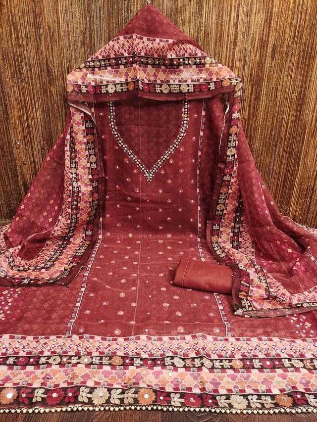 VARNI FABRICS Organza Dress Material for Women Dotted Pattern Unstitched Woman Salwar Suit Dress Material With Organza Dupatta White