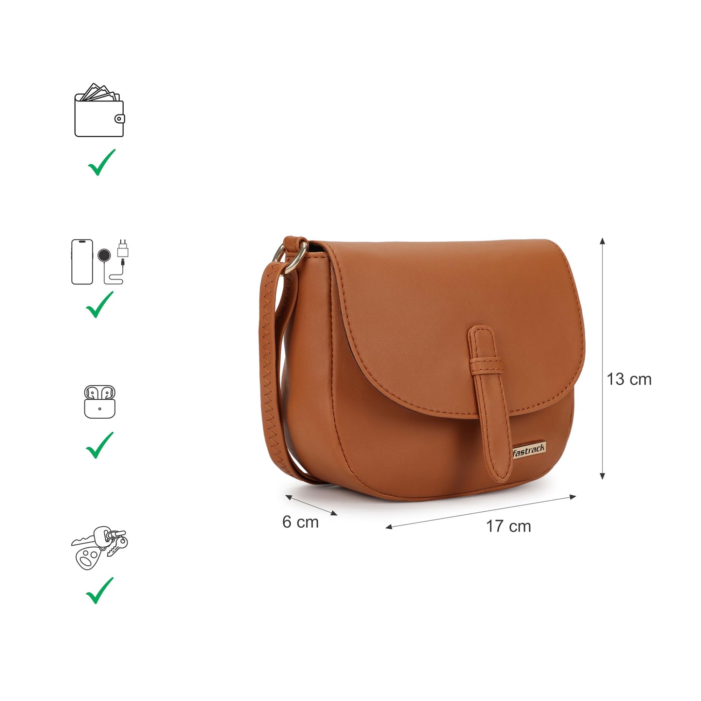 Fastrack Solid Sling Bag For Women, Girls and Ladies| with Non-Detachable Sling Strap | Durable PU Construction, Tan