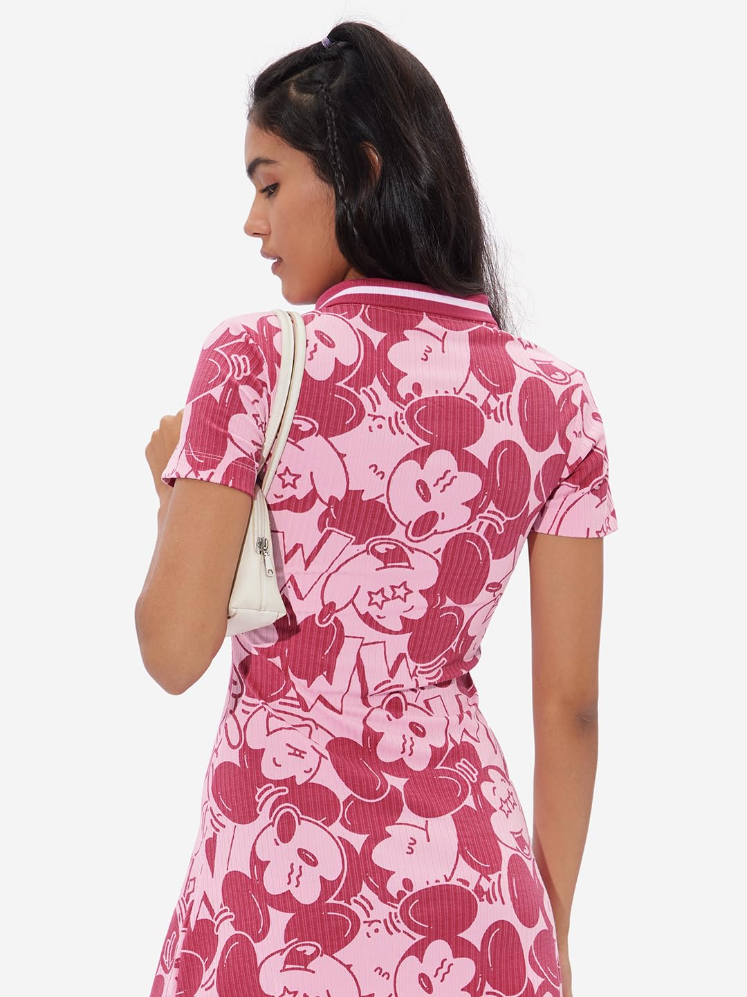 The Souled Store Official Mickey Mouse: Expressions Women and Girls Short Sleeves Collared Neck Ribbed Dresses Pink