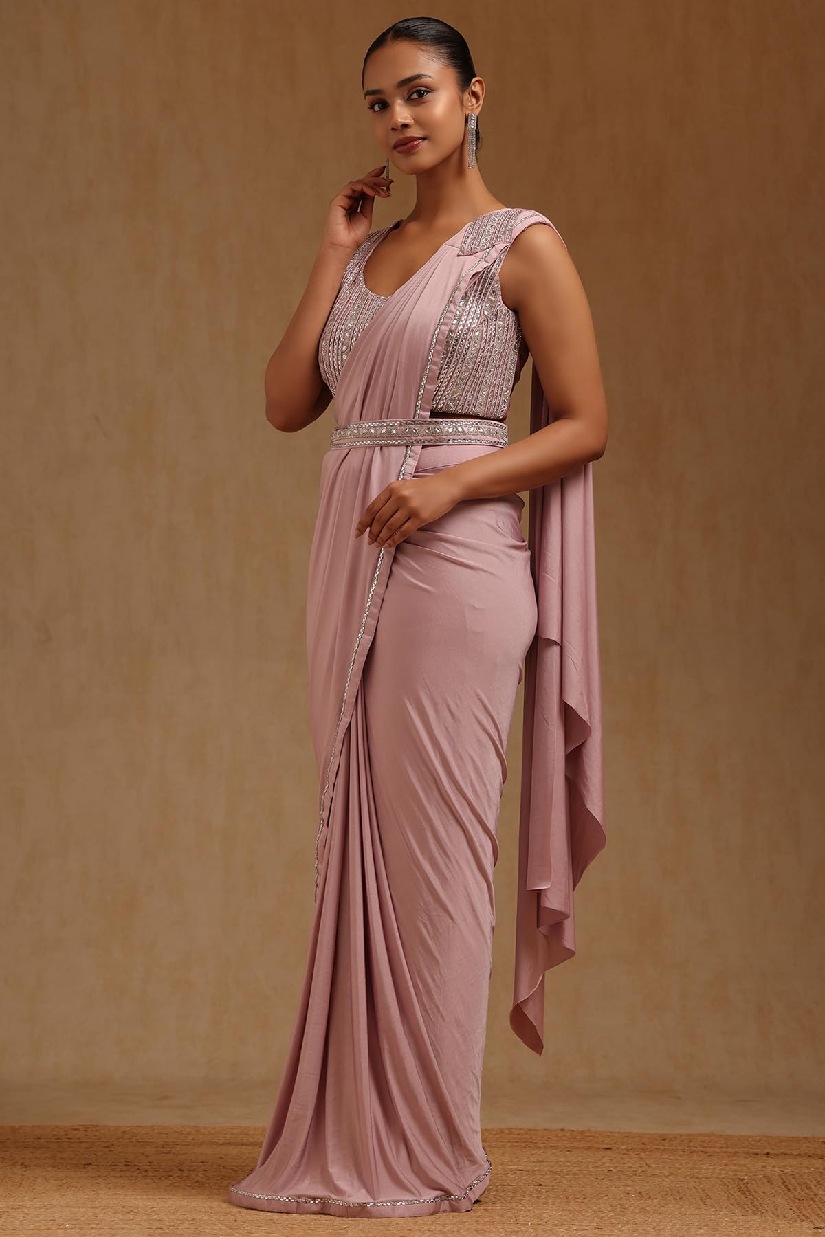 Soch Womens Pink Spandex Solid Ready To Wear Saree
