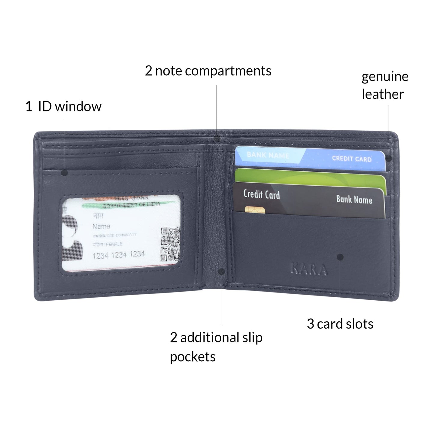 KARA Men's Blue Leather Wallet with 3 Card Holder Slot - Genuine Leather Wallets for Men