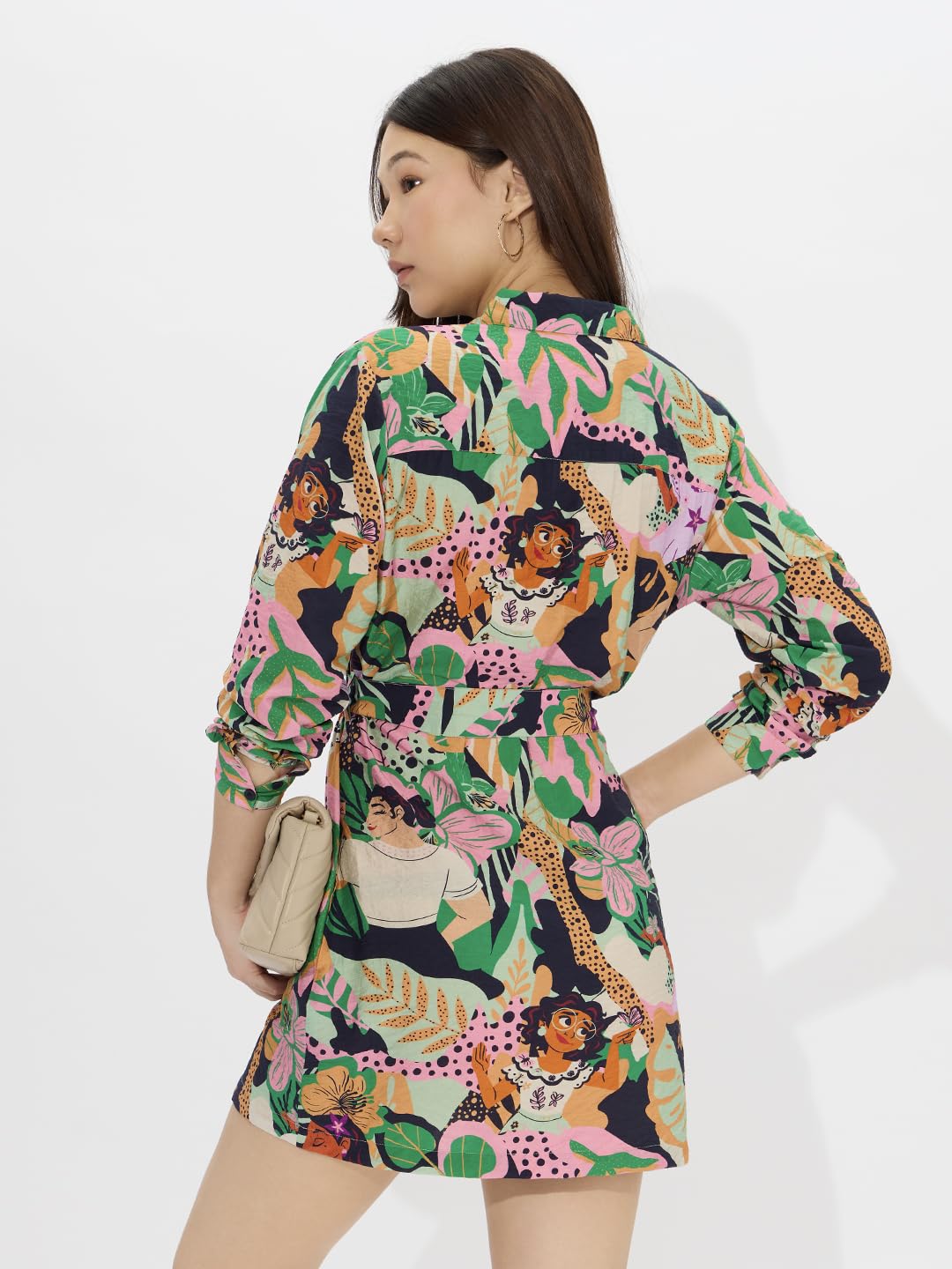 The Souled Store Official Disney: Encanto Women and Girls Long Sleeves Collared Neck Button Front Viscose Blend All Over Printed Shirt Dresses Multicolour