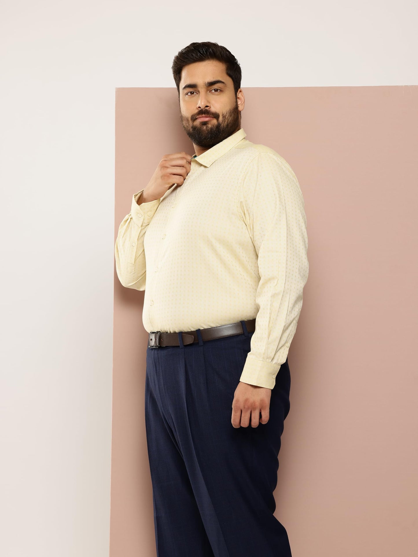 Thomas Scott Mens Plus Size 100% Cotton Full Sleeves Textured Formal Shirt (TS1340_Yellow, 4XL)
