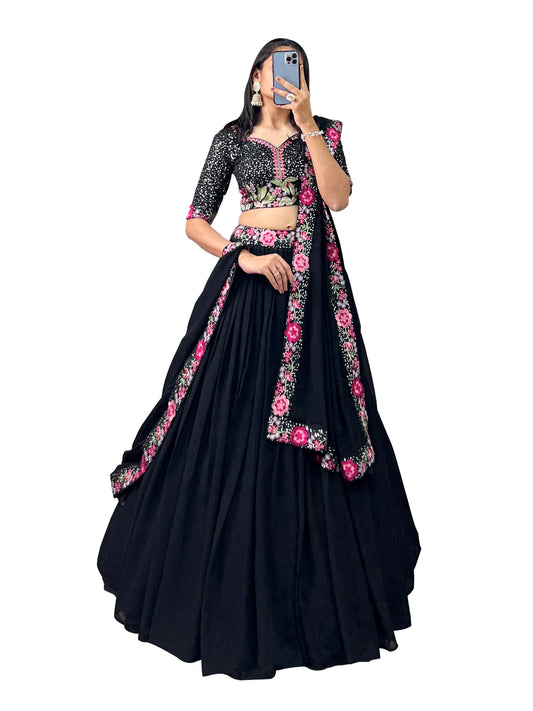 LooknBook Art Women's Sequins Thread Embroidery Work With Georgette Semi-Stitched Lehenga Choli, Black