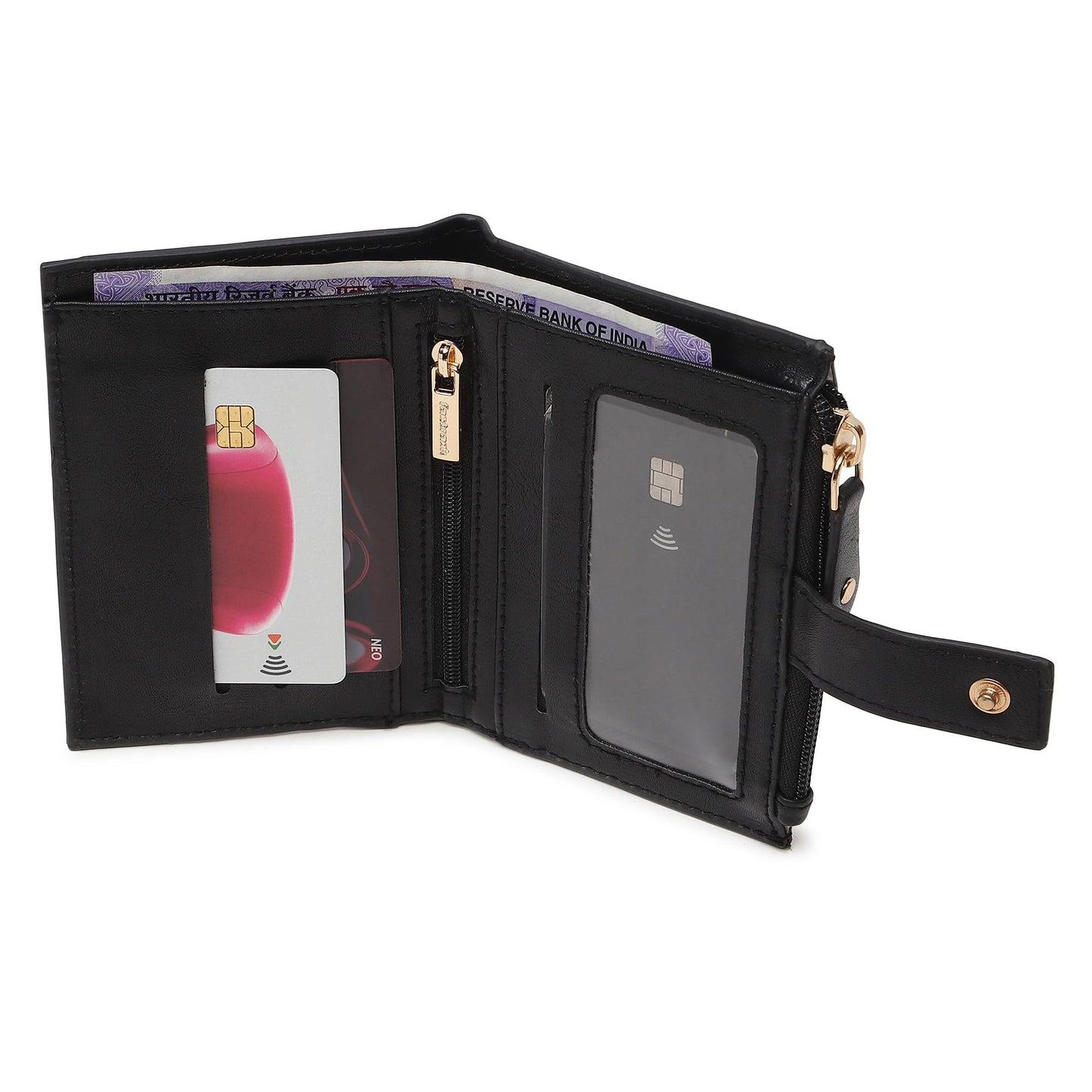 Fastrack Black Two-Fold Wallet | Faux-Leather Women’s Wallet | Compact Design with Card Slots & Zippered Pocket