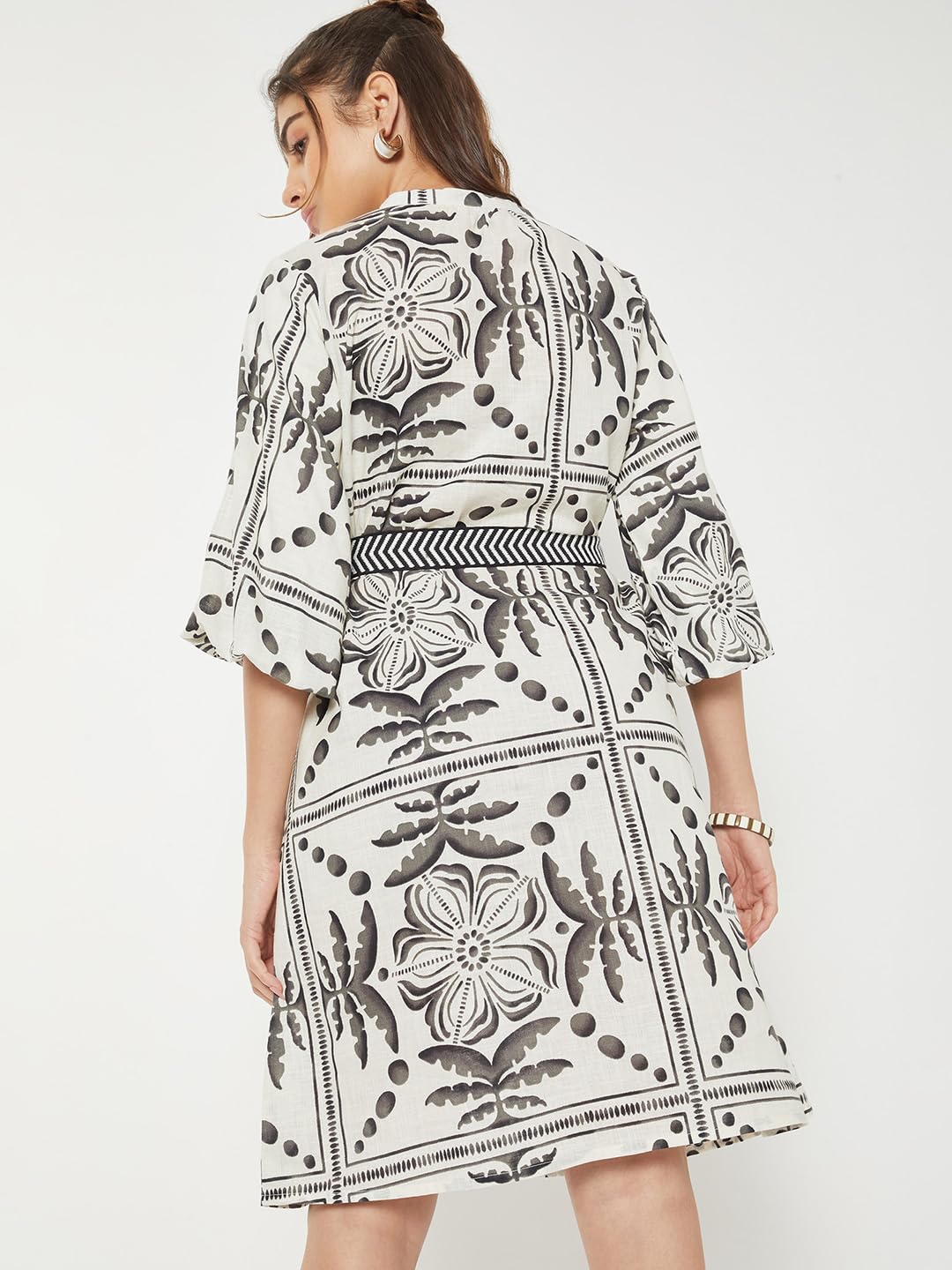 Max Women Printed Shirt Dress with Belt(White_M)
