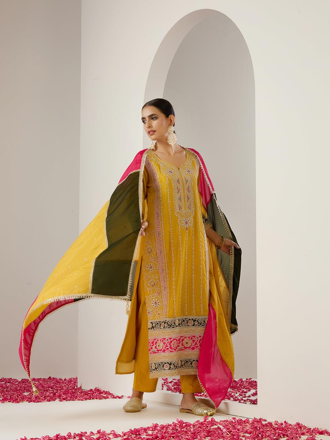 ishin Gold zari embroidered straight festive kurta with pants and dupatta