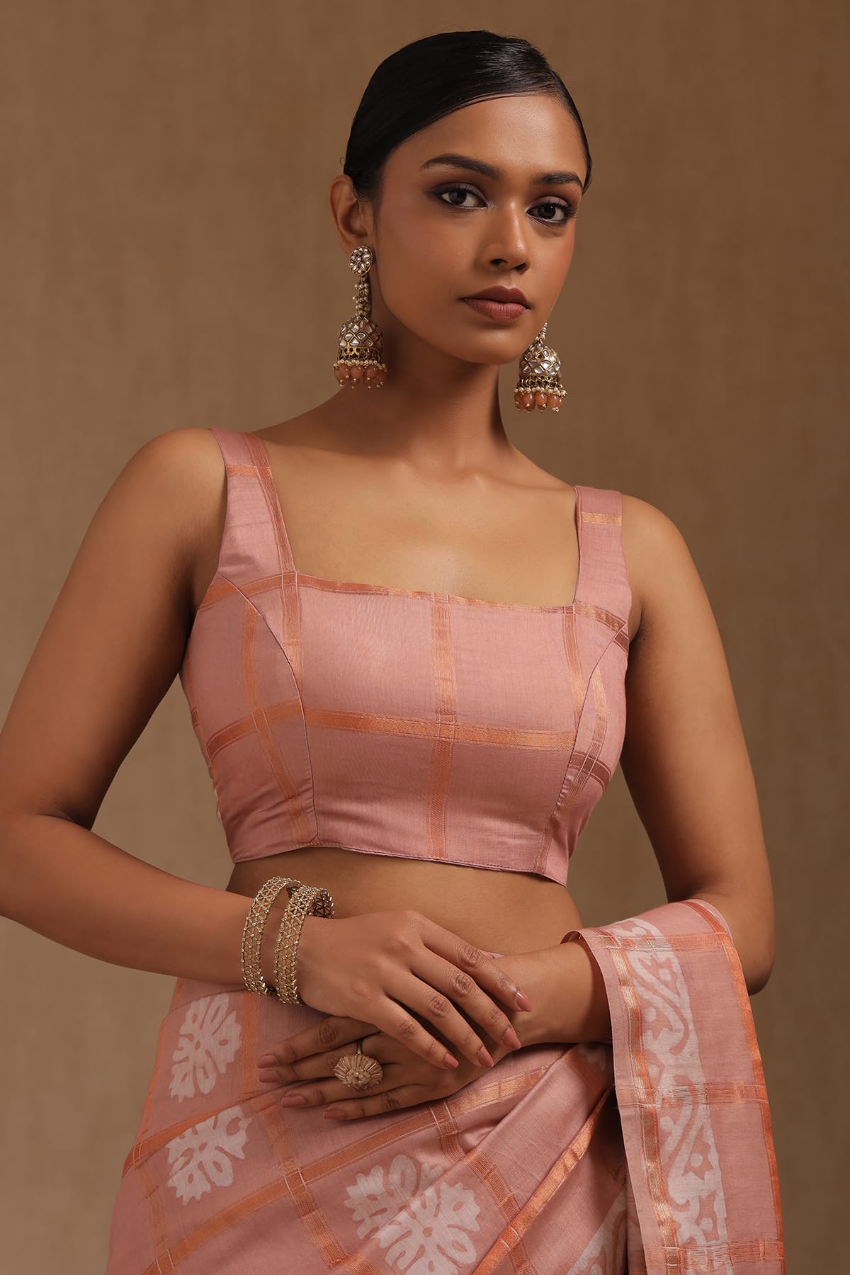 Soch Womens Peach Viscose Block Print Saree Zari