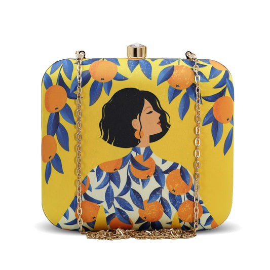 Artklim Yellow Citrus Bloom Diva Clutch for Women & Girls - Modern Box Sling Bag - Hard Case Handcrafted Evening Purse Daily Outings with Detachable Chain Strap - Gift for Woman