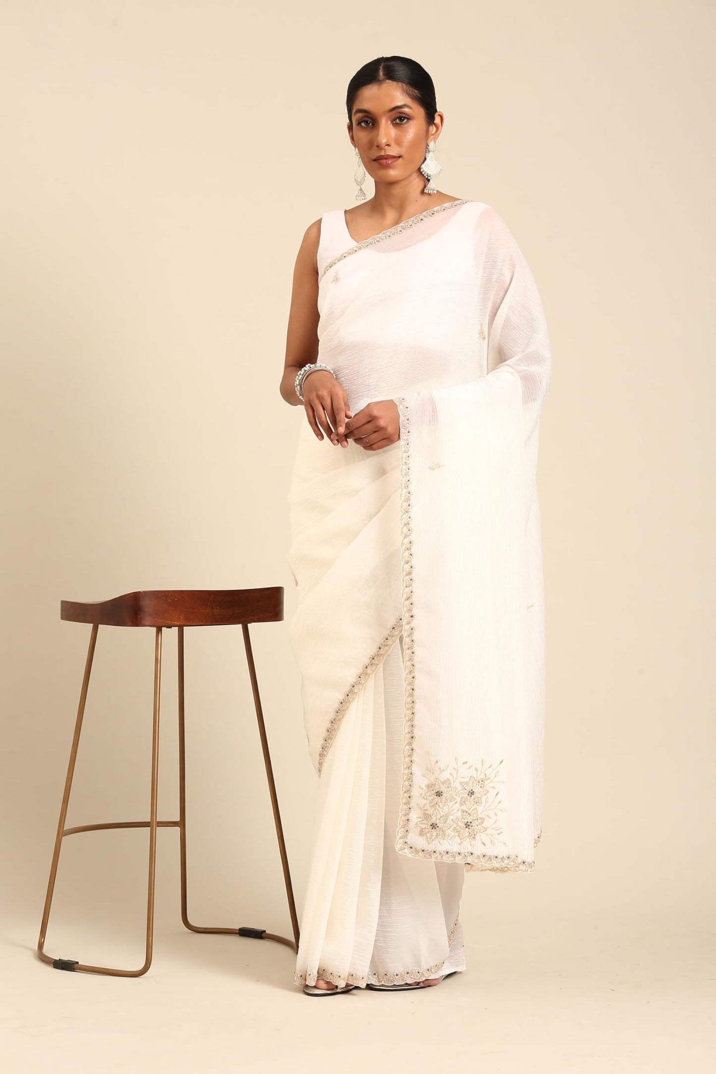 MOHEY Women's Cream Crepe Moti Work & Zari Saree (CREAM)
