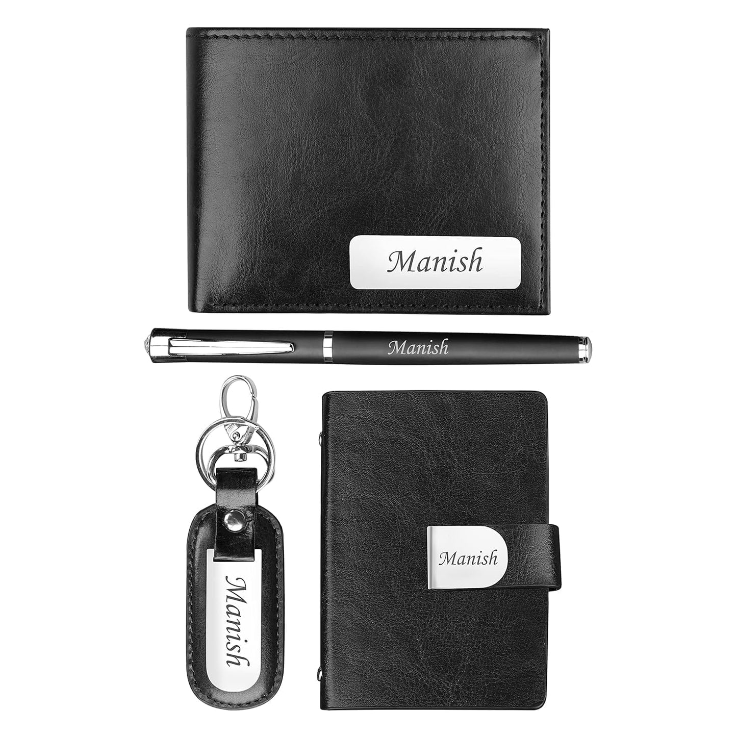 The Wallet Store Personalized Wallet, Pen, Key Chain & Cardholder Gift Set | with Name | Vegan Leather | Best Gift for Brother, Husband, Boyfriend, Father, Etc (BLACK-PN02-CH02-KC11-WL14)