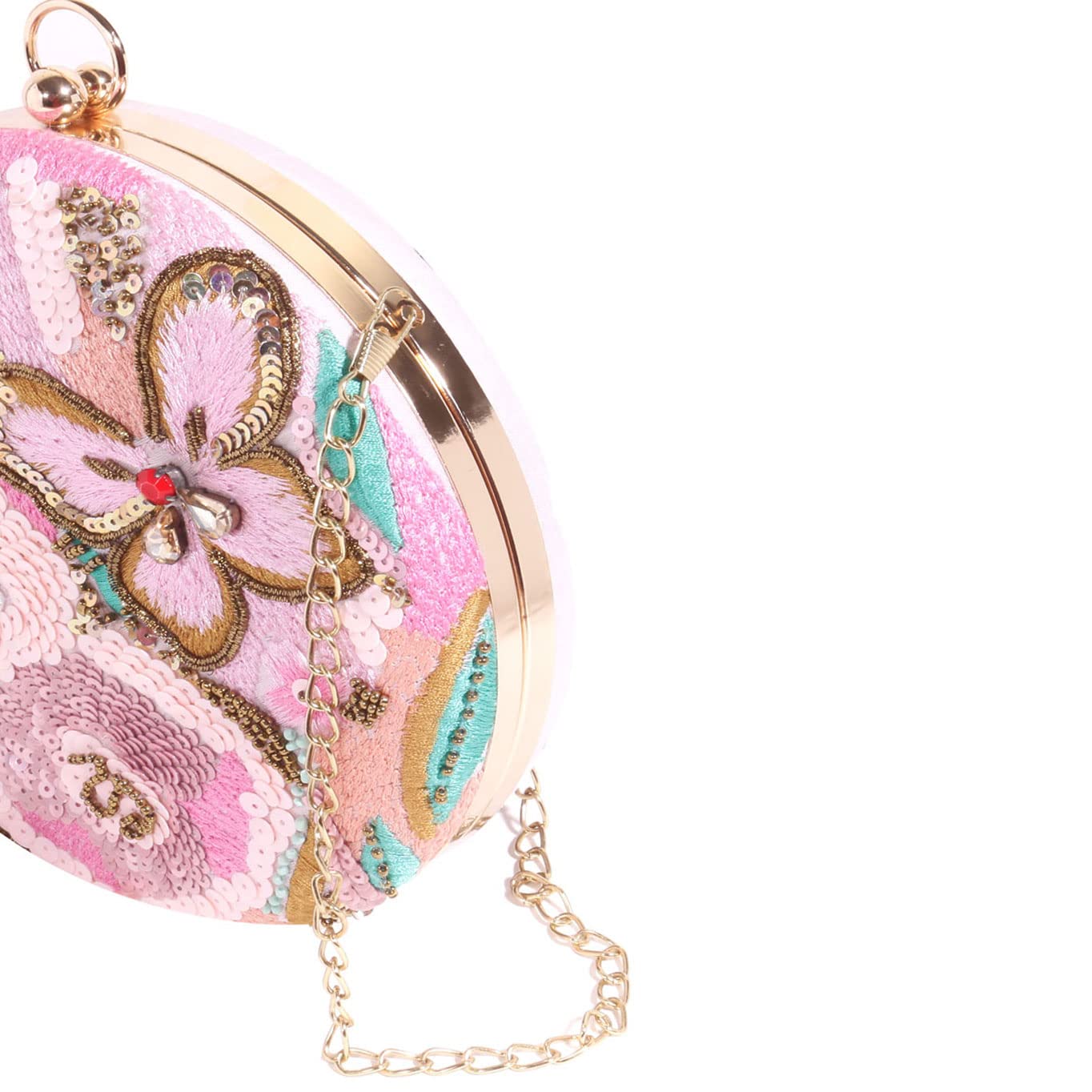 SWISNI Light Pink Modish Handmade Embroidery Round Shape Clutch Bag For Party II Women's Traditional Designer Clutch For Women & Girls II EMBROIDERED CLUTCHES