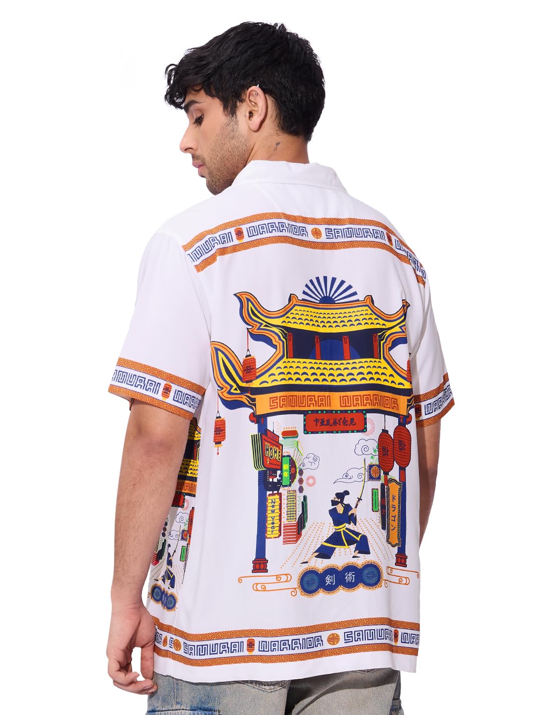 The Souled Store Samurai Men and Boys Short Sleeves Collared Neck Button Front White Graphic Printed Rayon Holiday Shirts