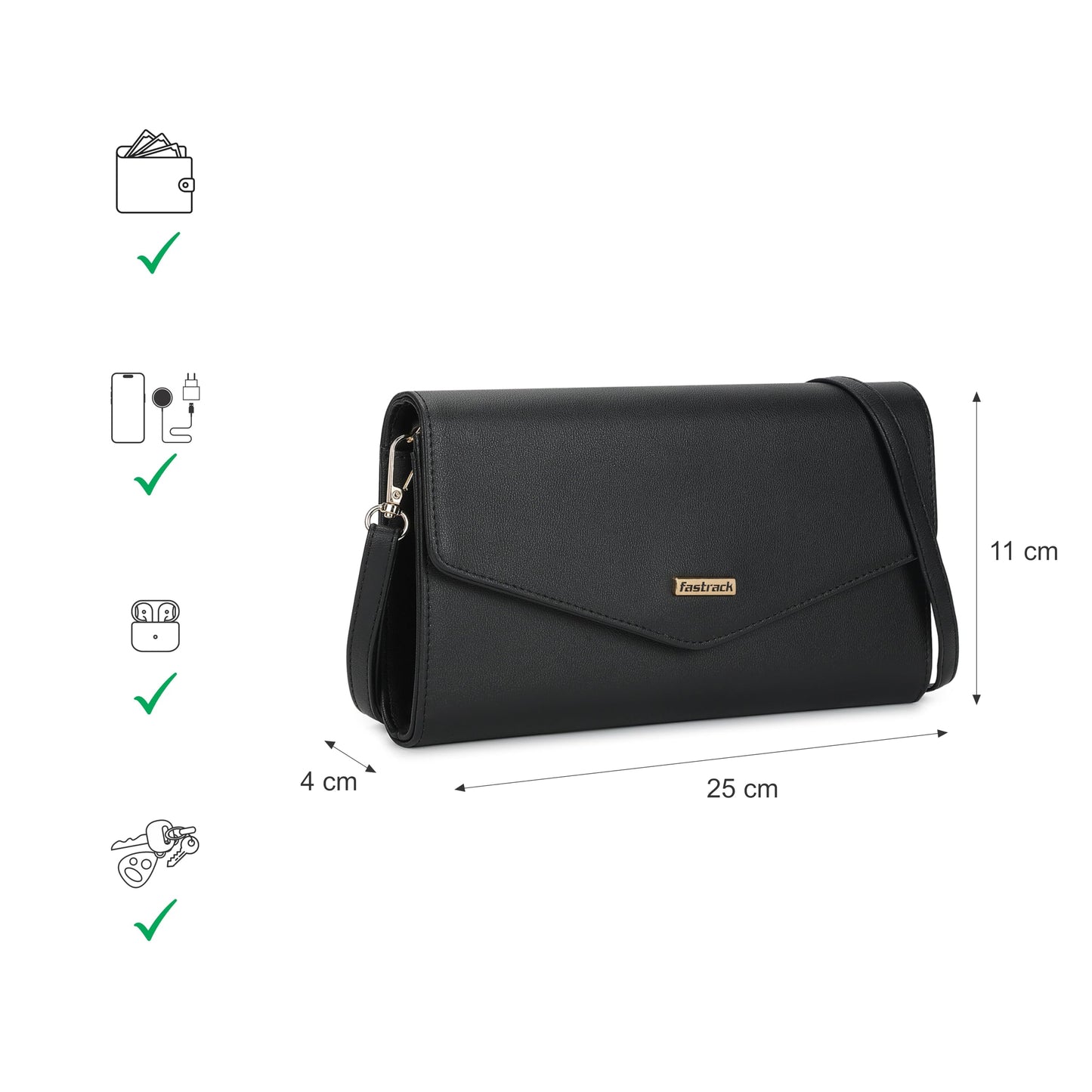 Fastrack Solid Sling Bag For Women, Girls and Ladies | with Adjustable Sling Straps | Made of Premium PU Material | Ladies Purse Handbag | Slings For Casual Carry, Black
