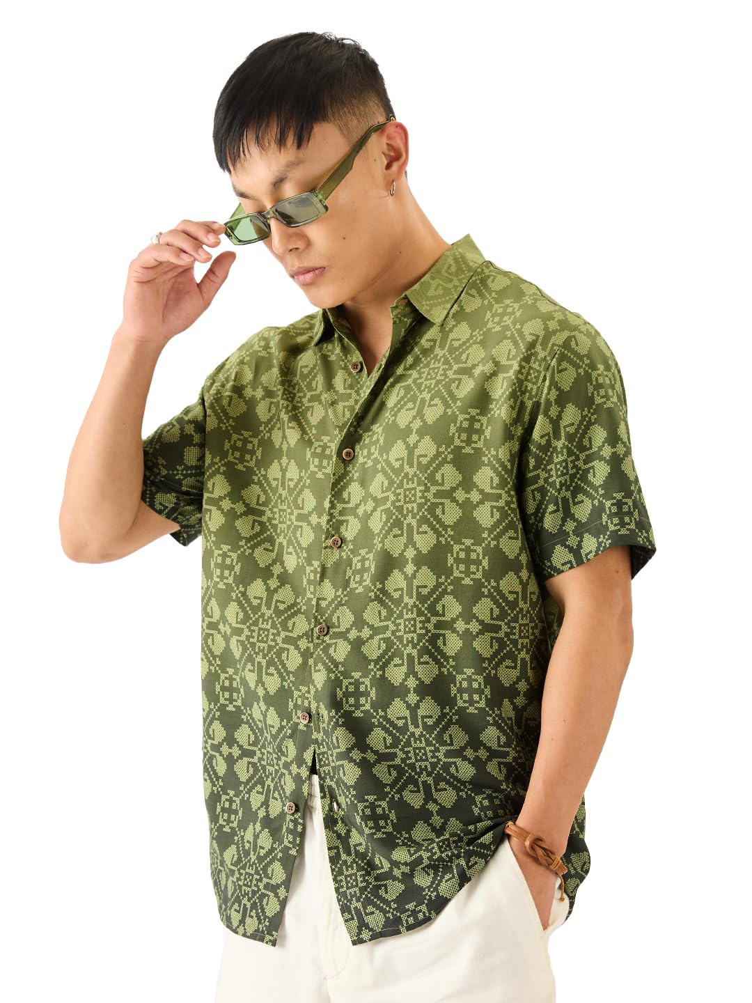 The Souled Store Cactus Men and Boys Short Sleeve Collared Neck Button Down Printed Regular Fit Rayon Summer Shirts Green