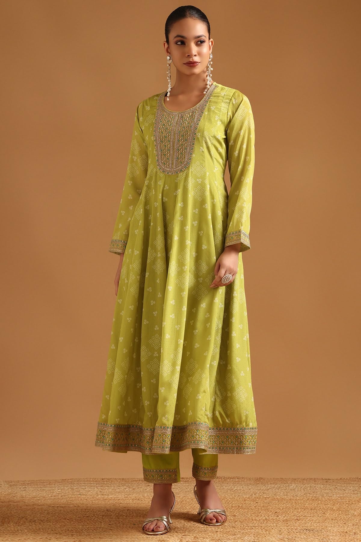 Soch Womens Green Poly Chinon Bandhani Salwar Suit With Sequence Work