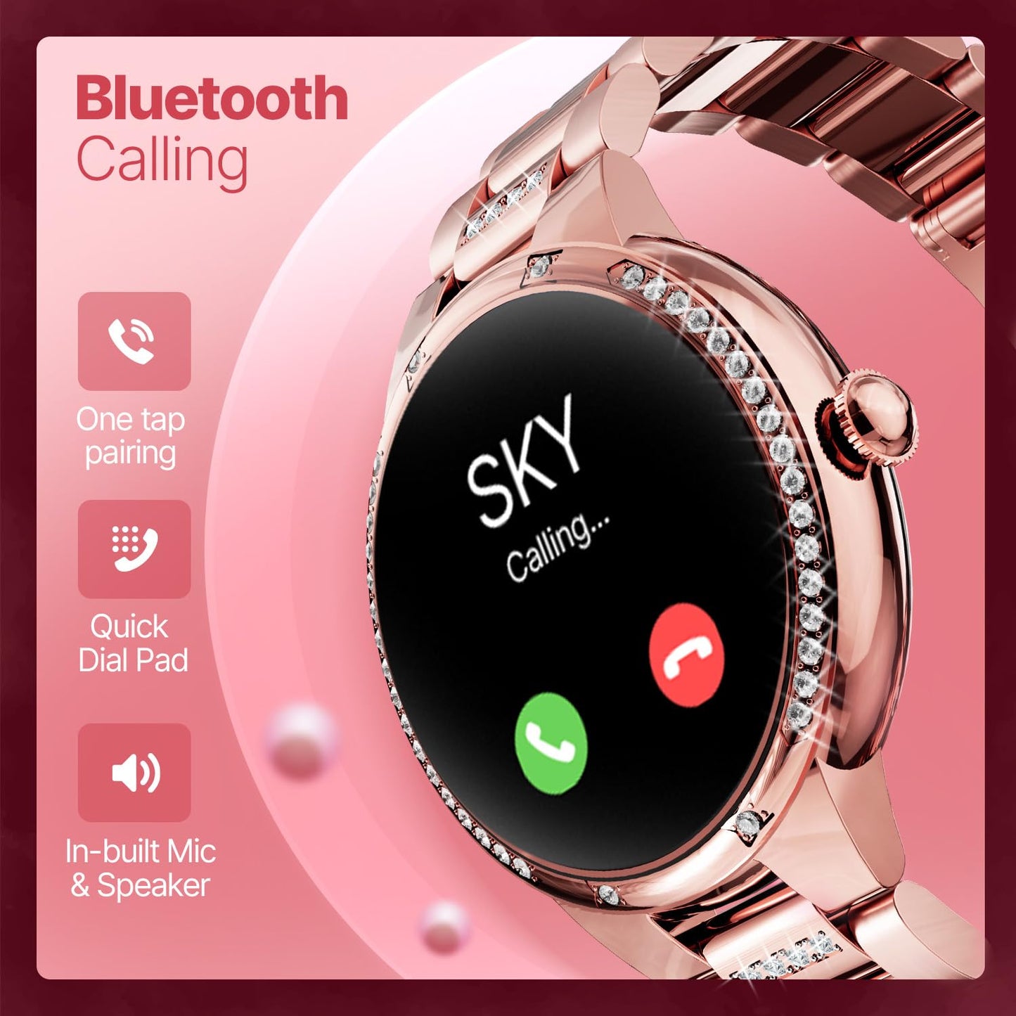 CrossBeats Diva 1.28” Stylish Smart Watch for Women with Stone Studded Bezel| Amoled Display | Female Health Tracker | 100+Sports Modes| Premium Metal Smartwatch with Wireless Charging - (Rose Gold)