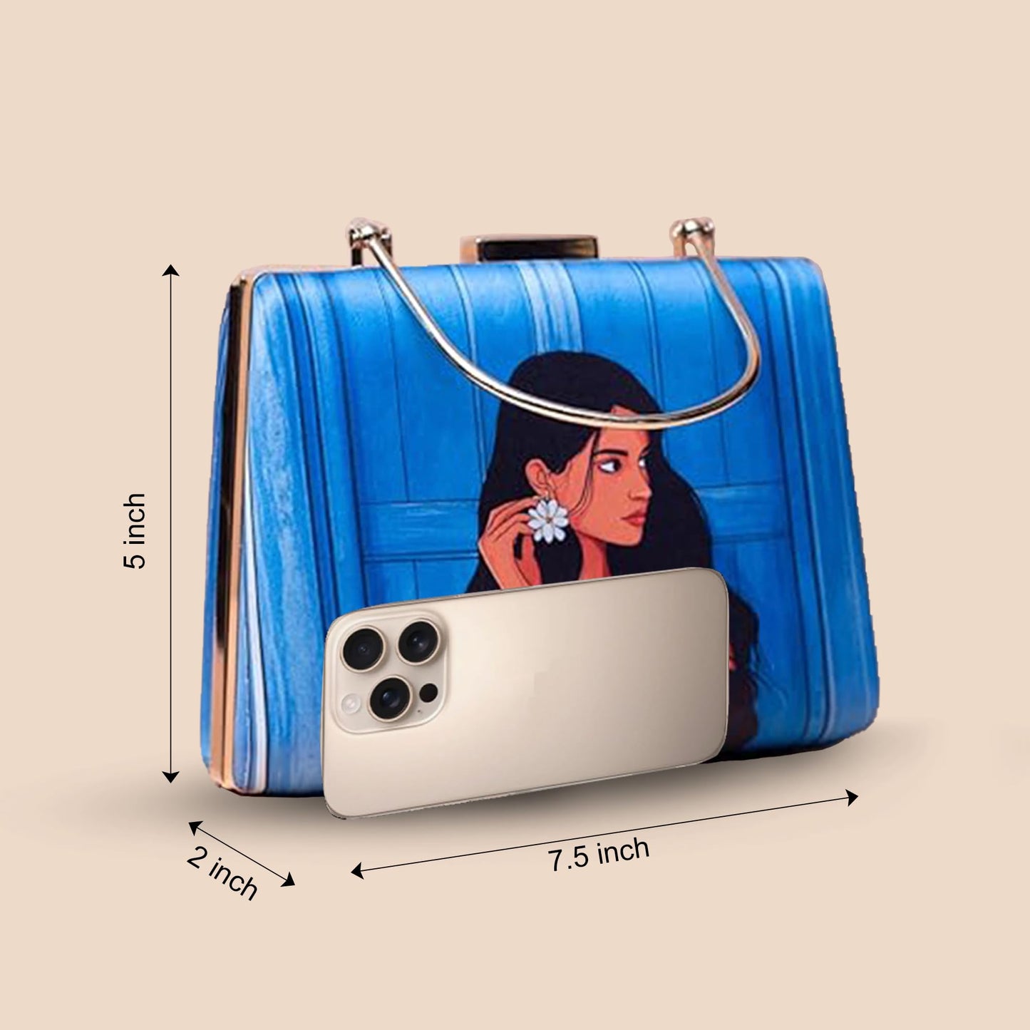 Artklim Blue Based Red Saree Women Portrait Printed Clutch Bag for Women with handle and Detachable Strap