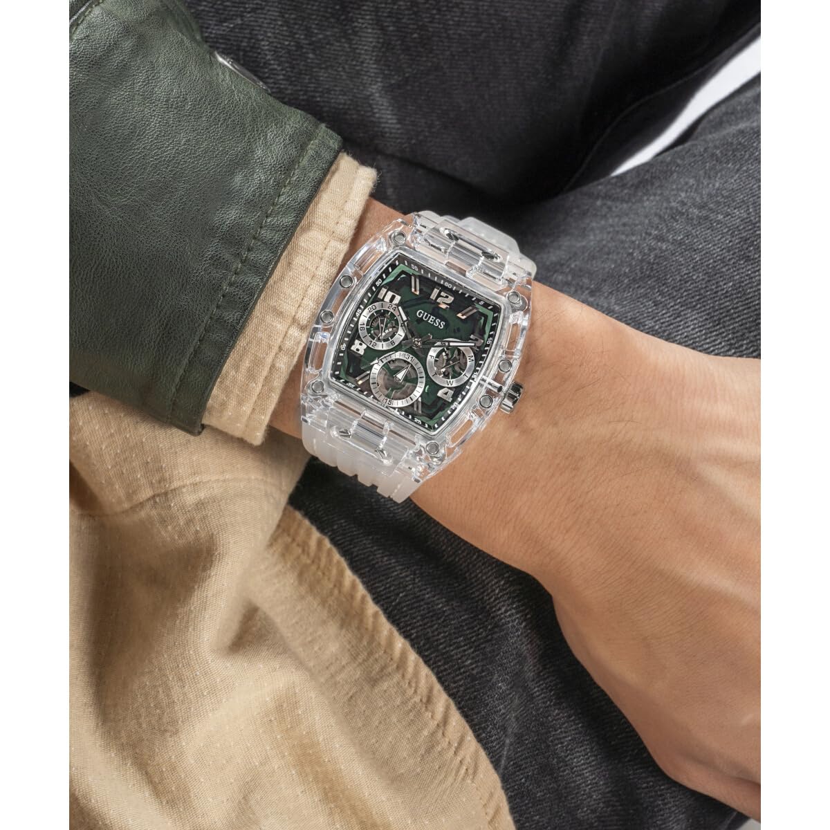 GUESS Phoenix Analog Watch Gw0499G8 Silicone Men Analog Watch, Green Dial, Silver Band