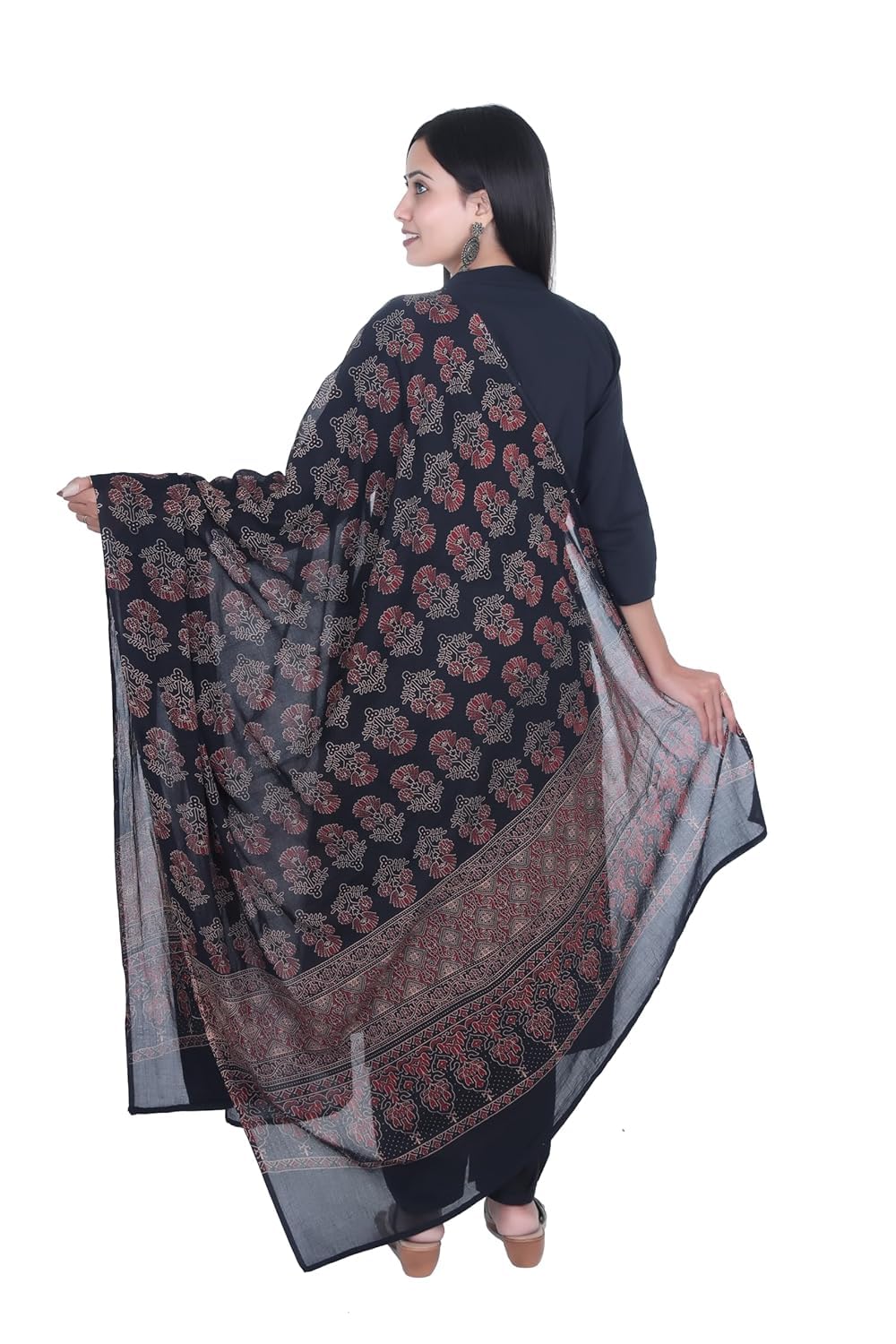 FABMOHA Women Pure Cotton Handblock Printed Full Length Ajrakh Dupatta (Maroon - Black)