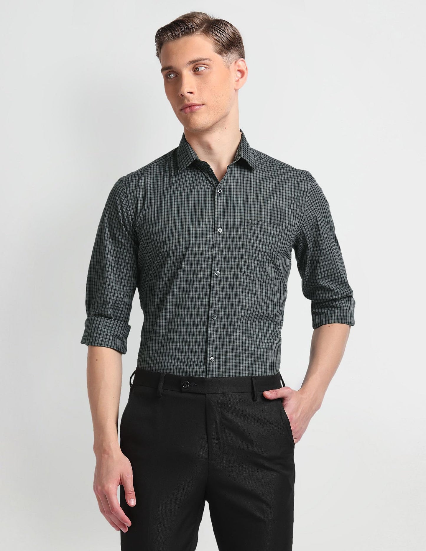 Arrow Men's Grey Checked - Cutaway Collar Full Sleeves Formal Shirt with Chest Pocket | Cotton Fabric | Slim Fit