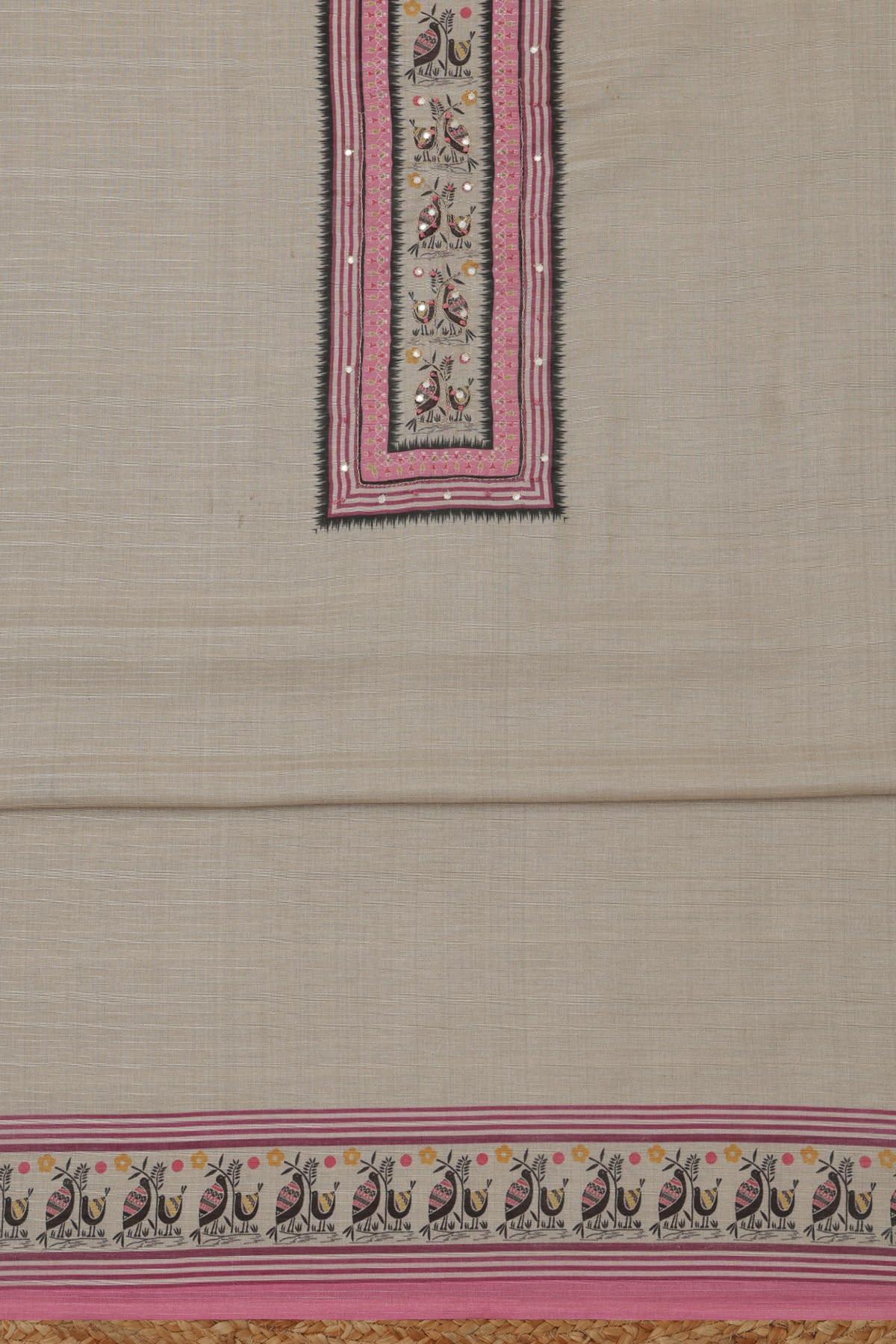 Soch Womens Beige Art Tussar Bird Motifs Dress Material With Faux Mirror