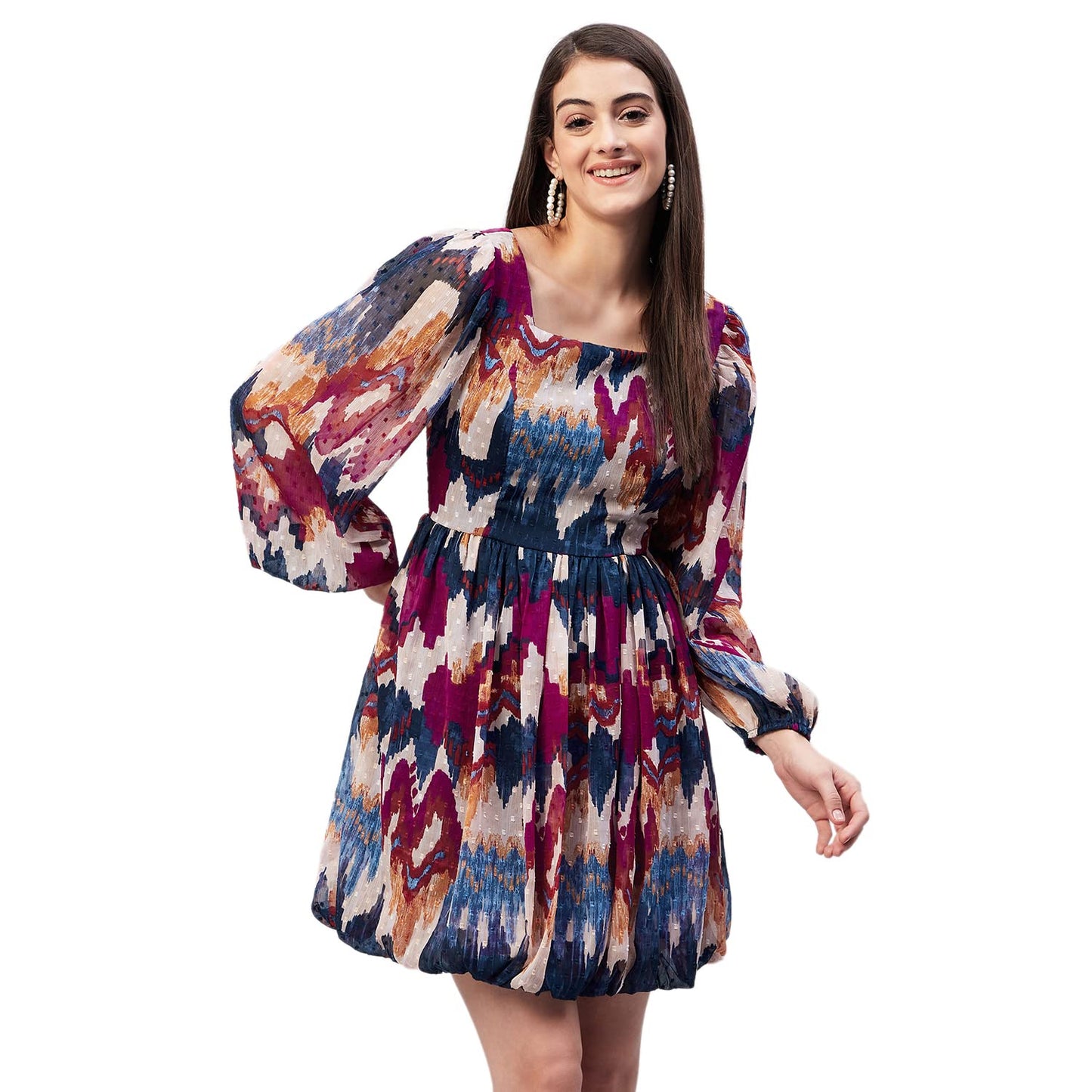Carlton London Women's Chiffon Fit and Flare Above The Knee Dress (CL656A_Multi_XS) Multicolour