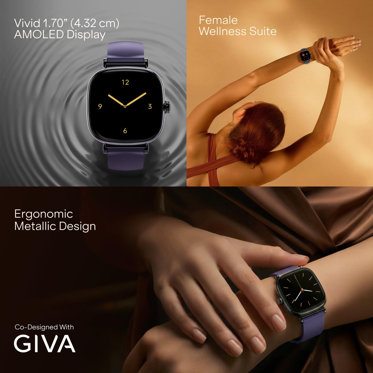 Boat Chrome Ivory Smart Watch for Women, co-Designed with GIVA, 1.7" AMOLED Display, 1000 nits Brightness, Premium Metallic Build, Female Wellness Tracker smartwatch for Women (Twilight Purple)