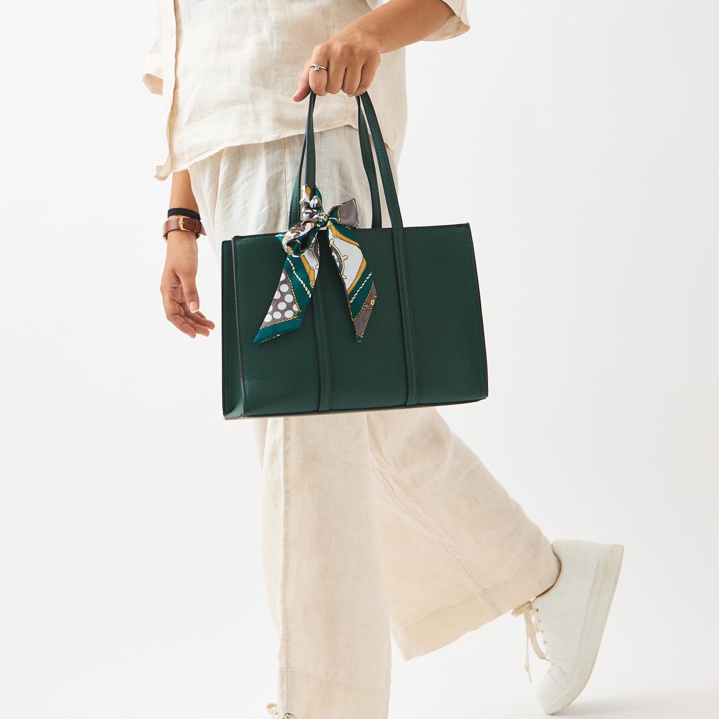 Chumbak Maldives Mini Tote with Scarf | Green | Multipurpose Hand Bag with Pouch for Shopping | Hand Held Bag for Women and Girls | Solid Colour Handbag