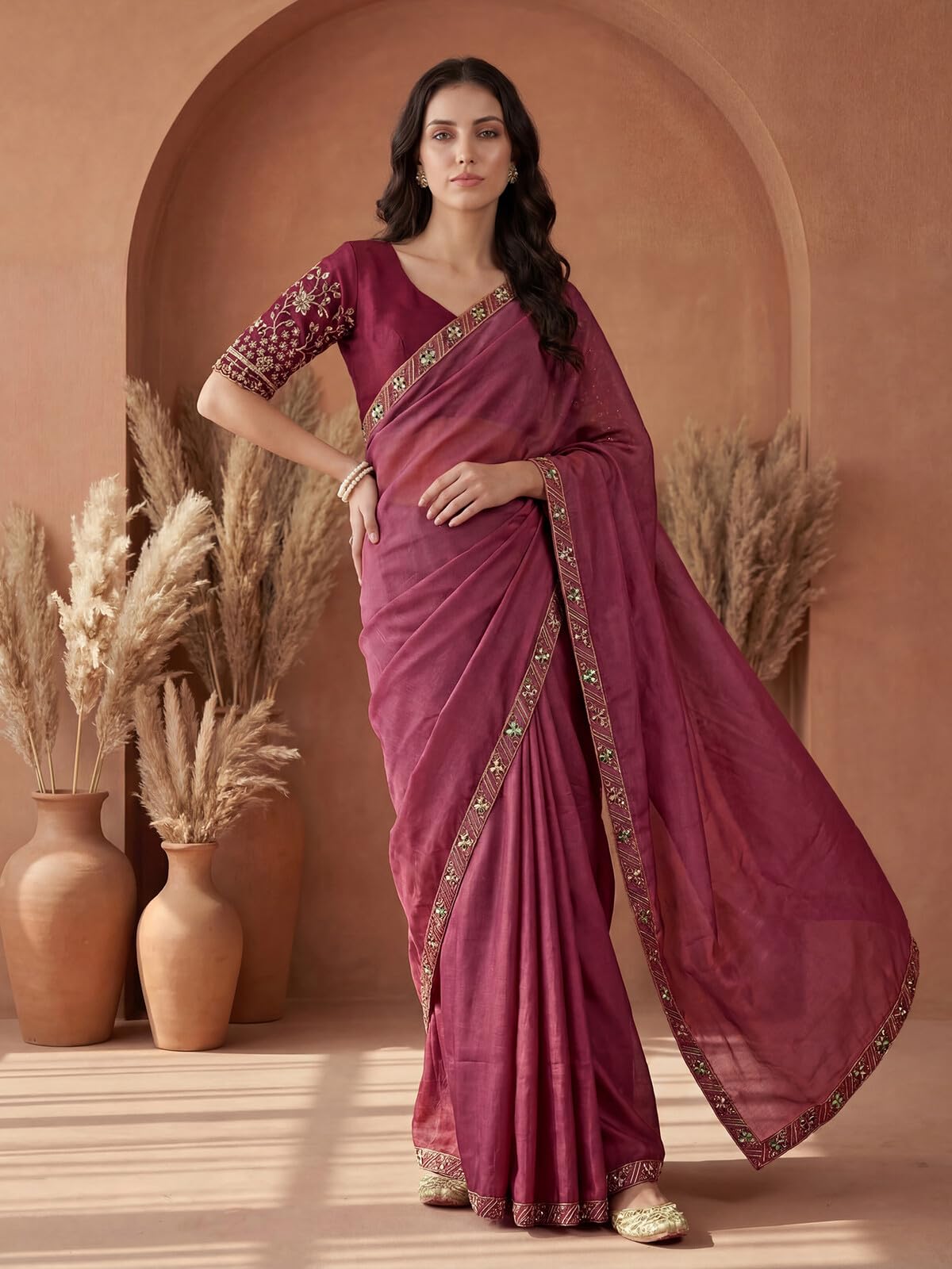 SIRIL Women's Shimmer Georgette Embroidery Saree with Unstitched Blouse Piece (4999S764A_Dusty Rose Pink)