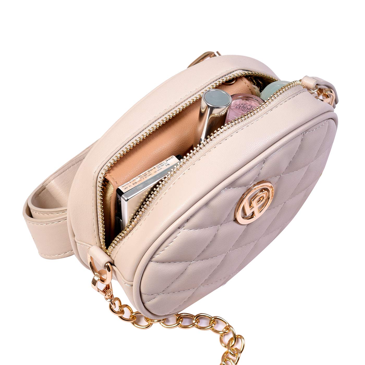 Lino Perros Womens Gold Synthetic Leather Sling Bag (OFFWHITE)